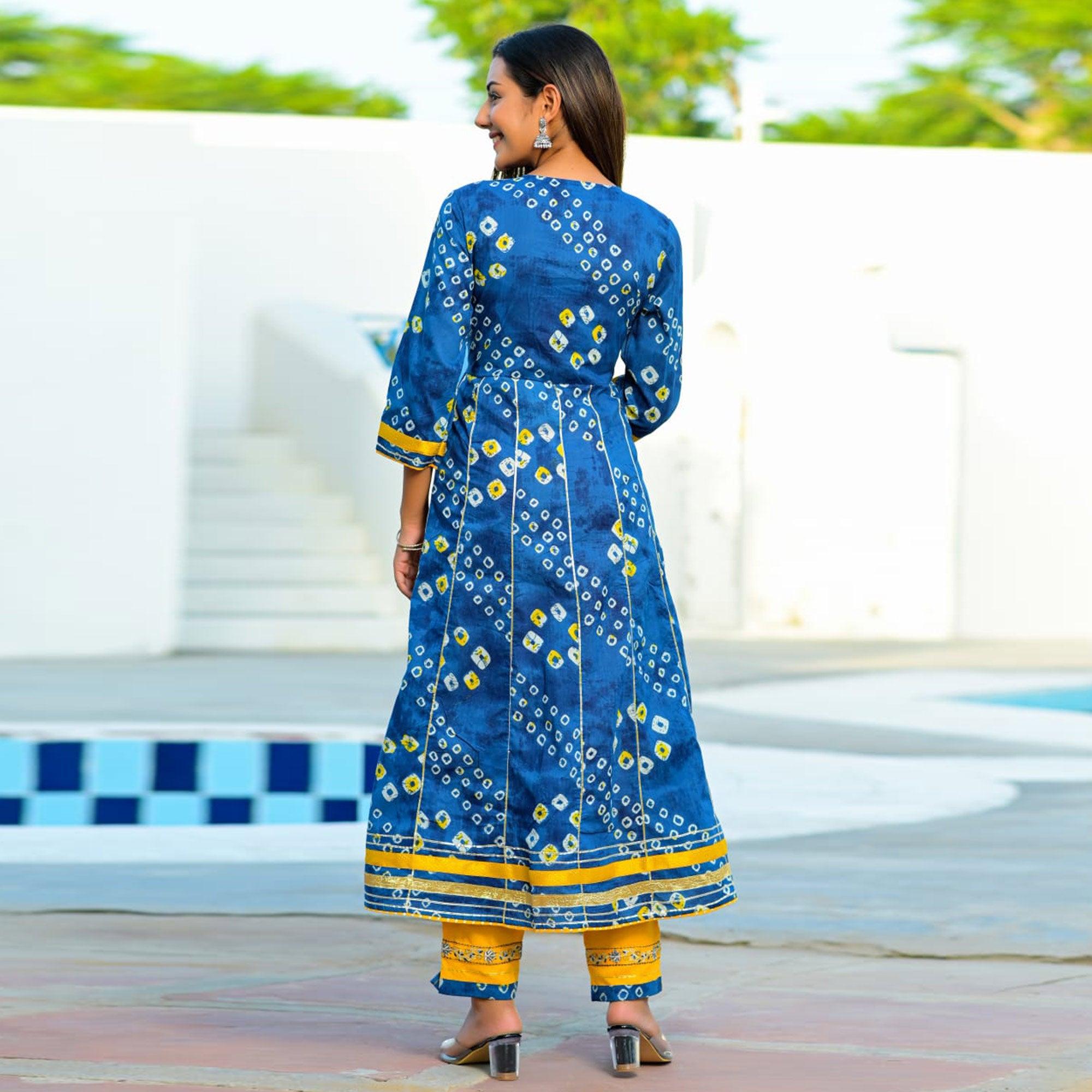 Blue Partywear Floral Embroidered With Print Cotton Anarkali Suit - Peachmode