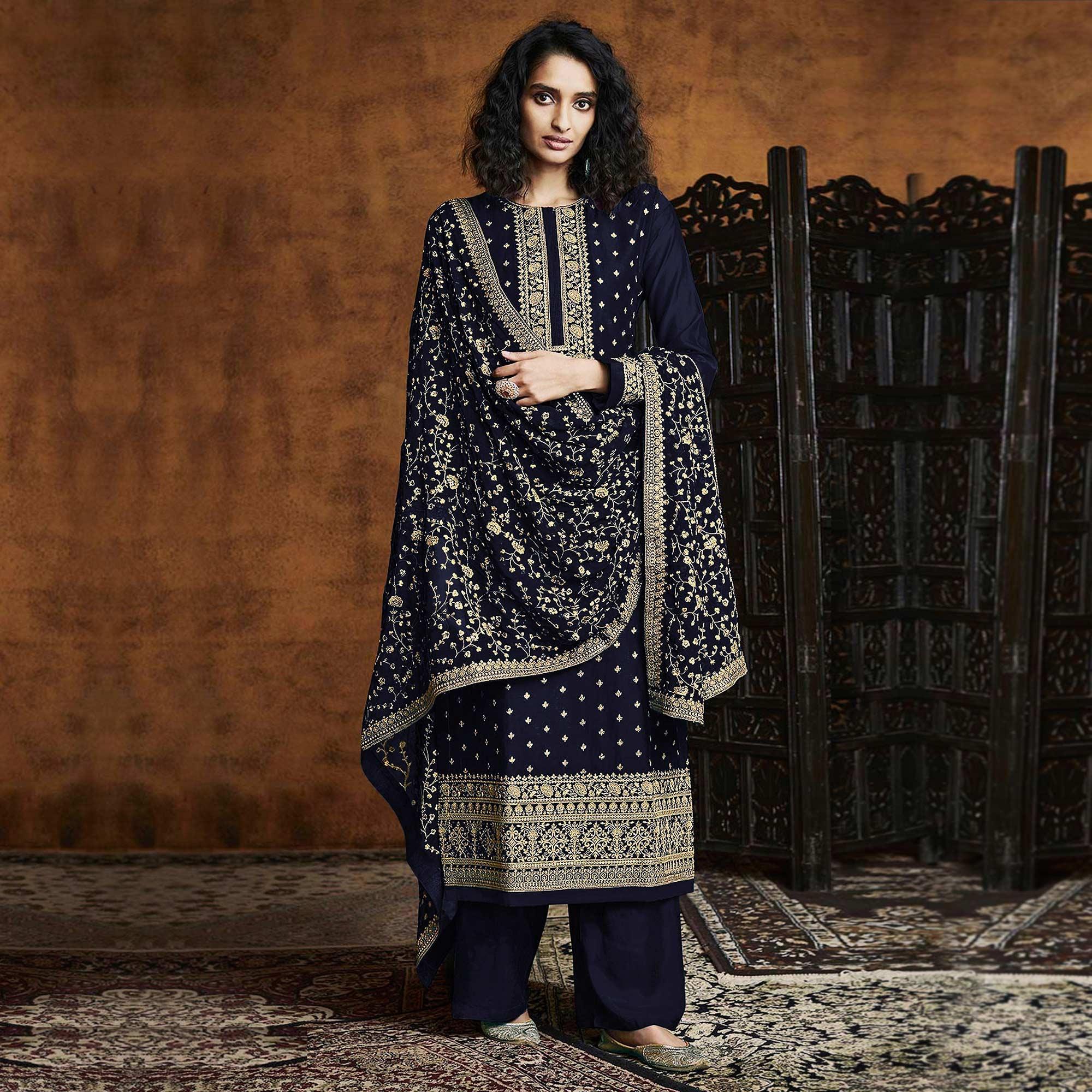 Blue Partywear Floral Sequins Embroidery Georgette Palazzo Suit - Peachmode