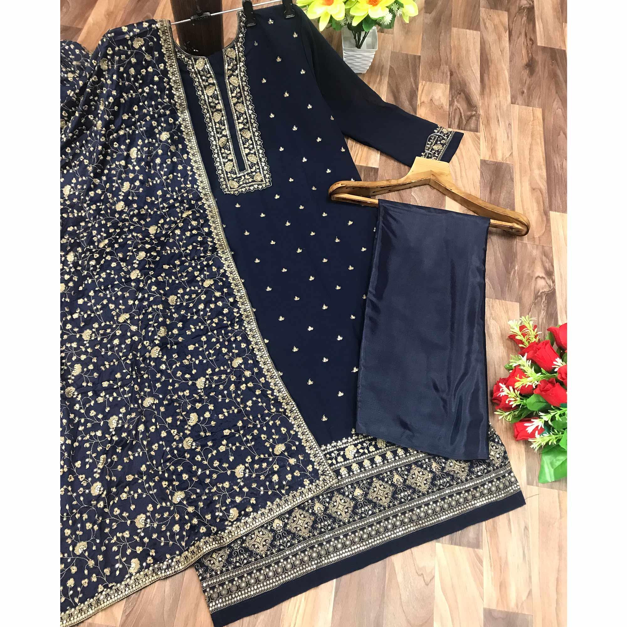 Blue Partywear Floral Sequins Embroidery Georgette Palazzo Suit - Peachmode