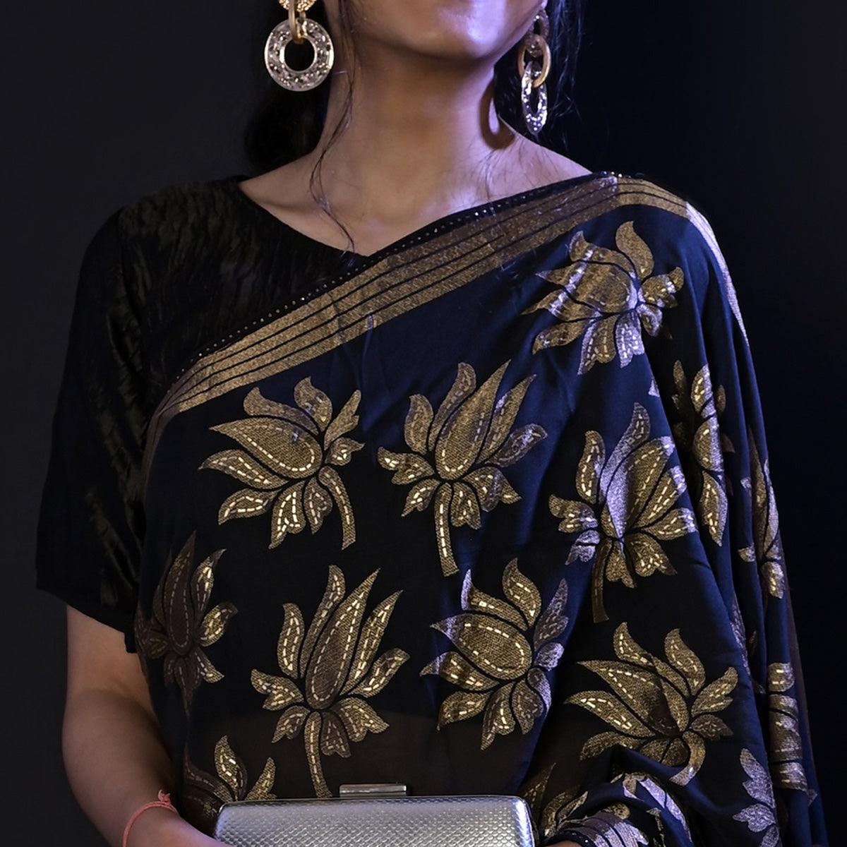 Blue Partywear Foil Printed Diamond Lace Brasso Saree - Peachmode