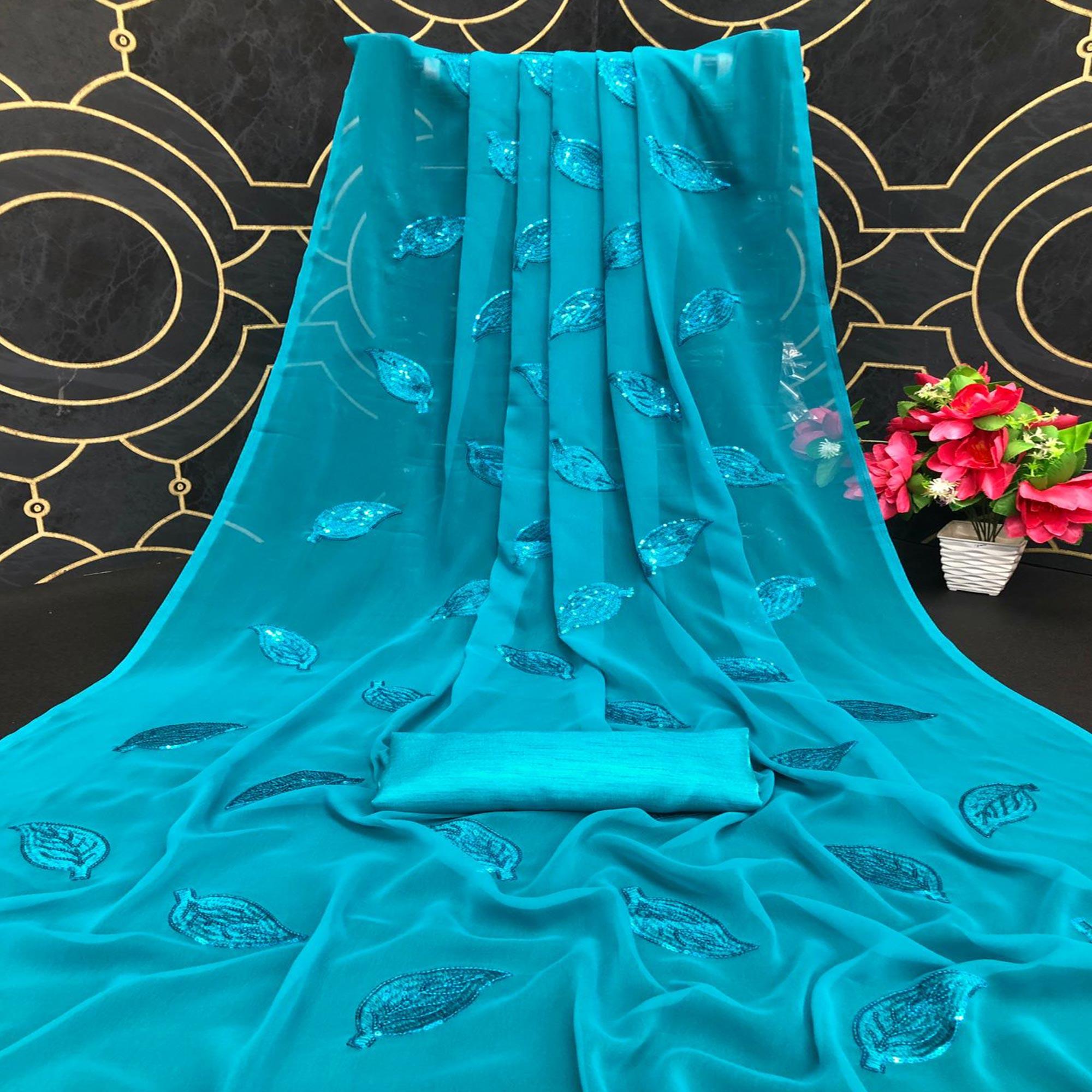 Blue Partywear Leaf Sequence Georgette Saree - Peachmode