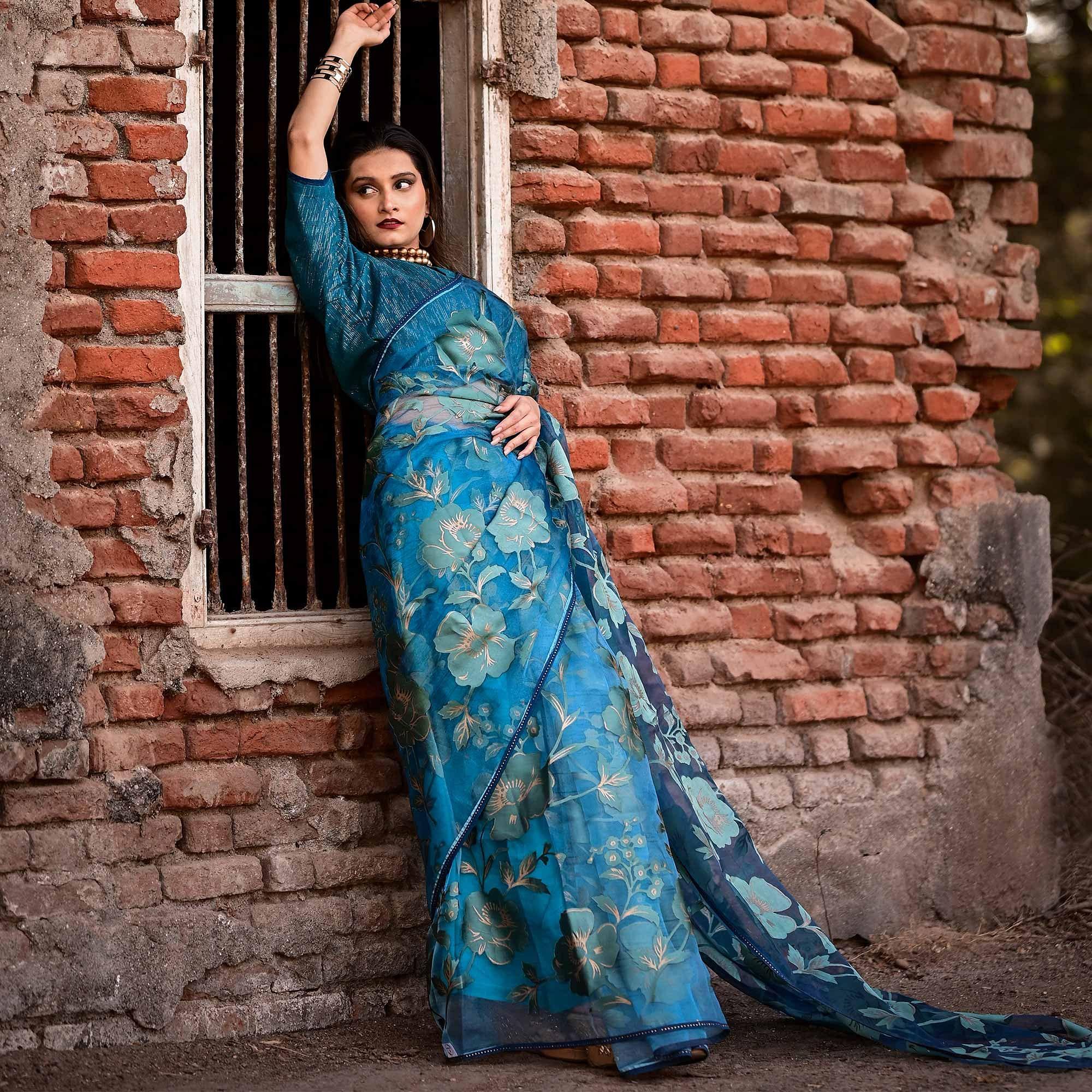 Blue Partywear Piping Stone Velvet Zari Organza Saree - Peachmode