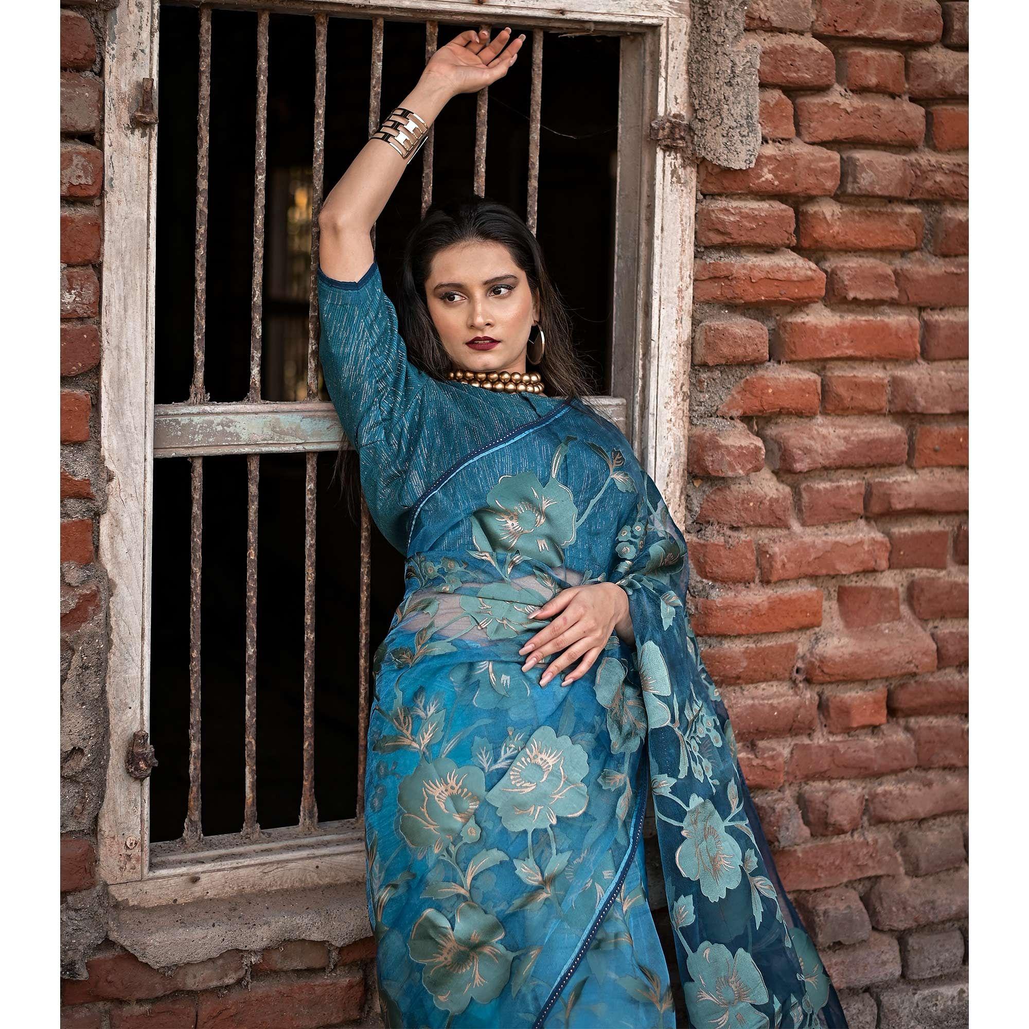 Blue Partywear Piping Stone Velvet Zari Organza Saree - Peachmode