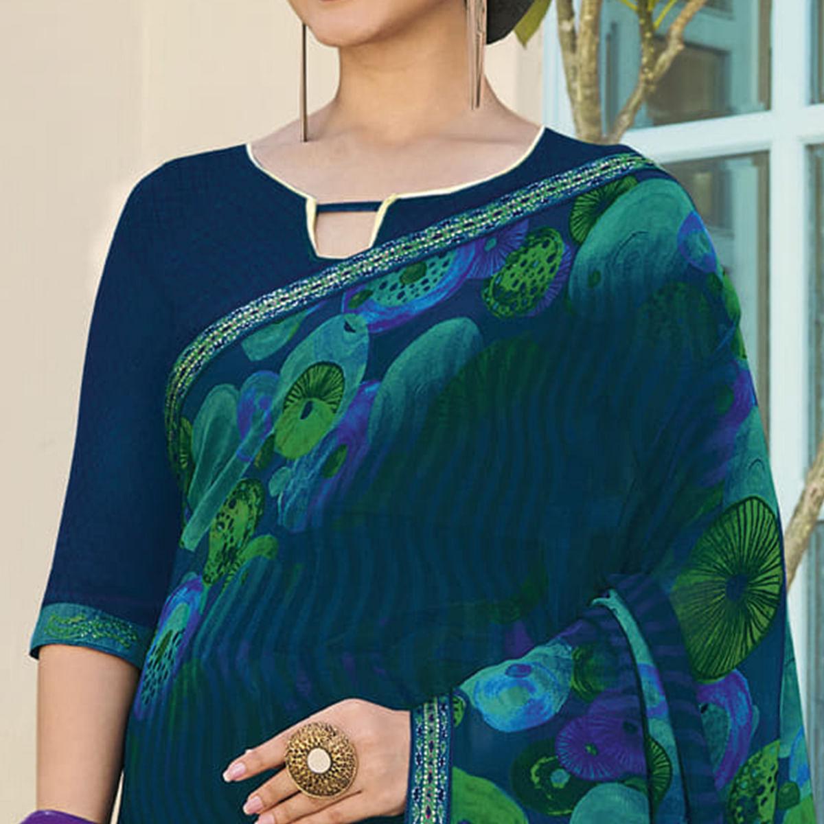 Blue Partywear Printed Georgette Saree - Peachmode