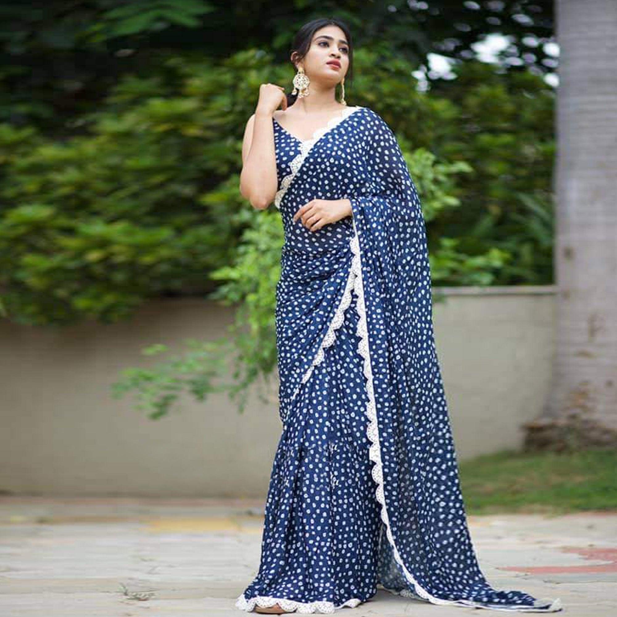 Blue Partywear Printed Georgette Saree With Coding Cutwork Lace - Peachmode