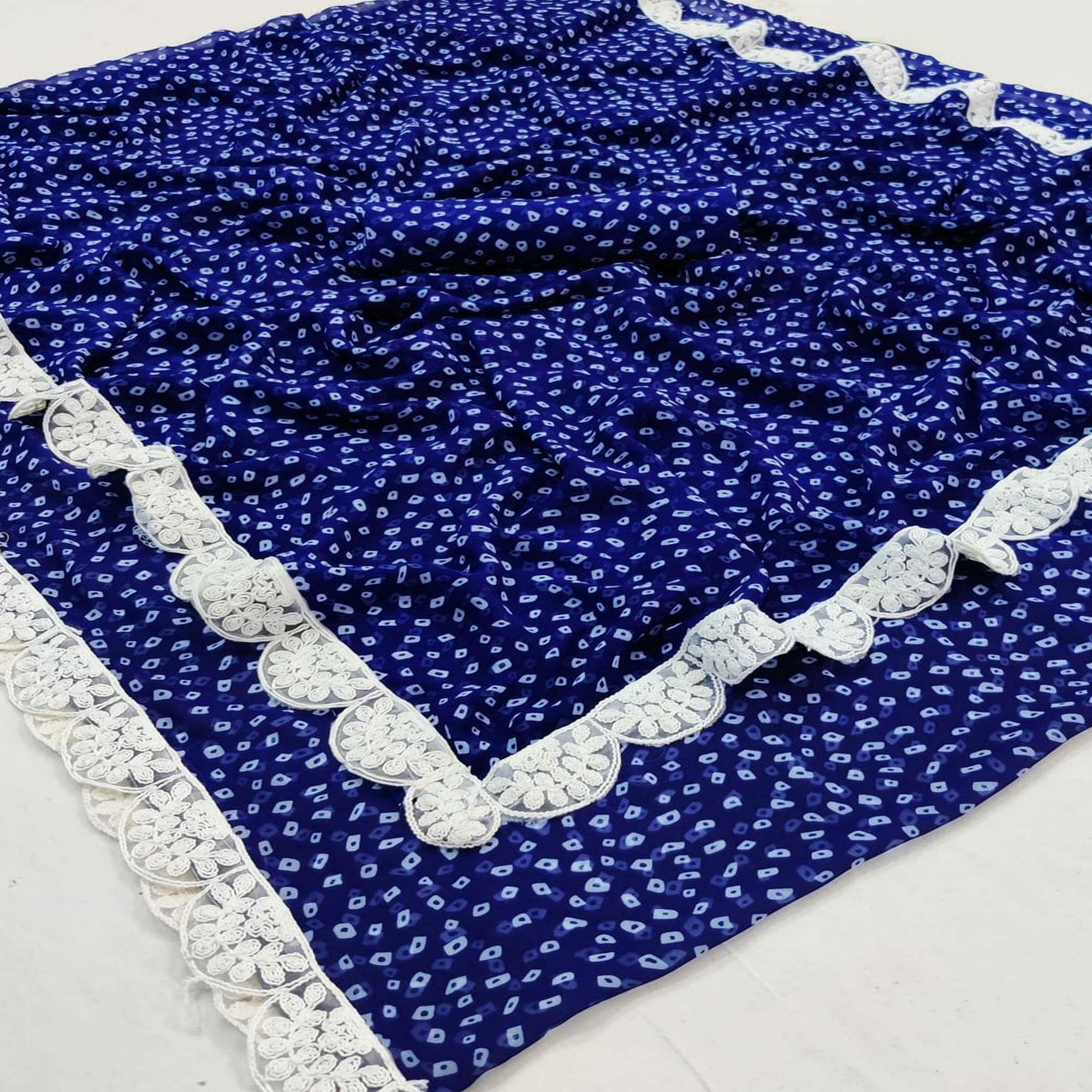 Blue Partywear Printed Georgette Saree With Coding Cutwork Lace - Peachmode