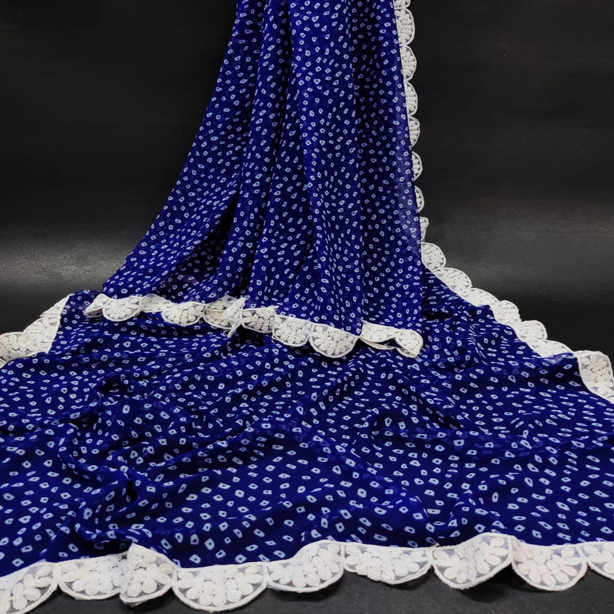 Blue Partywear Printed Georgette Saree With Coding Cutwork Lace - Peachmode