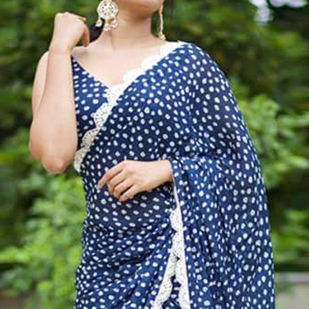 Blue Partywear Printed Georgette Saree With Coding Cutwork Lace - Peachmode