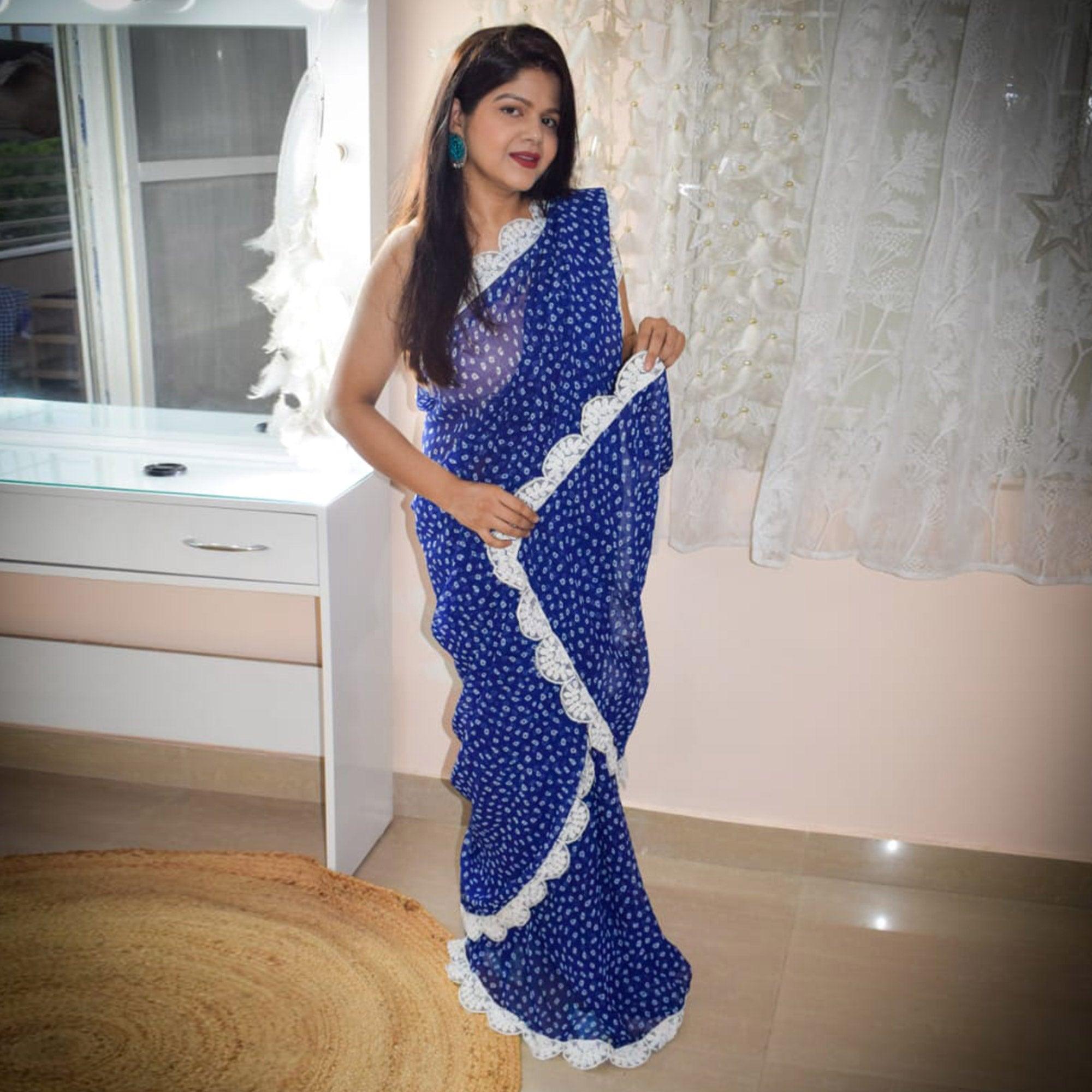 Blue Partywear Printed Georgette Saree With Coding Cutwork Lace - Peachmode