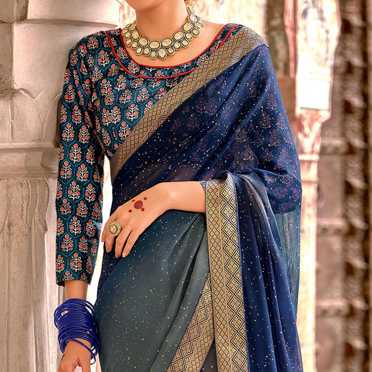 Blue Partywear Printed Georgette Saree With Gold Zari - Peachmode