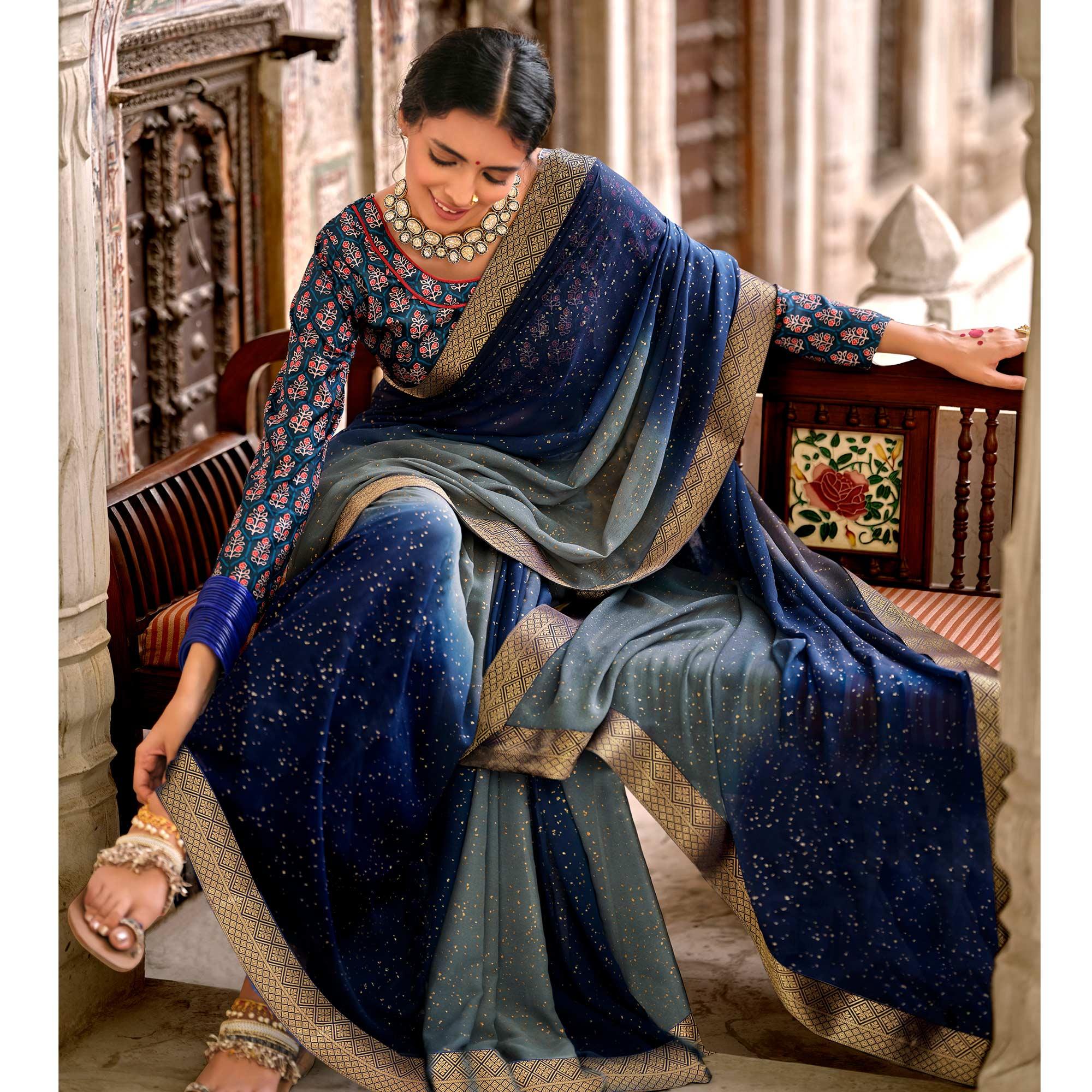 Blue Partywear Printed Georgette Saree With Gold Zari - Peachmode