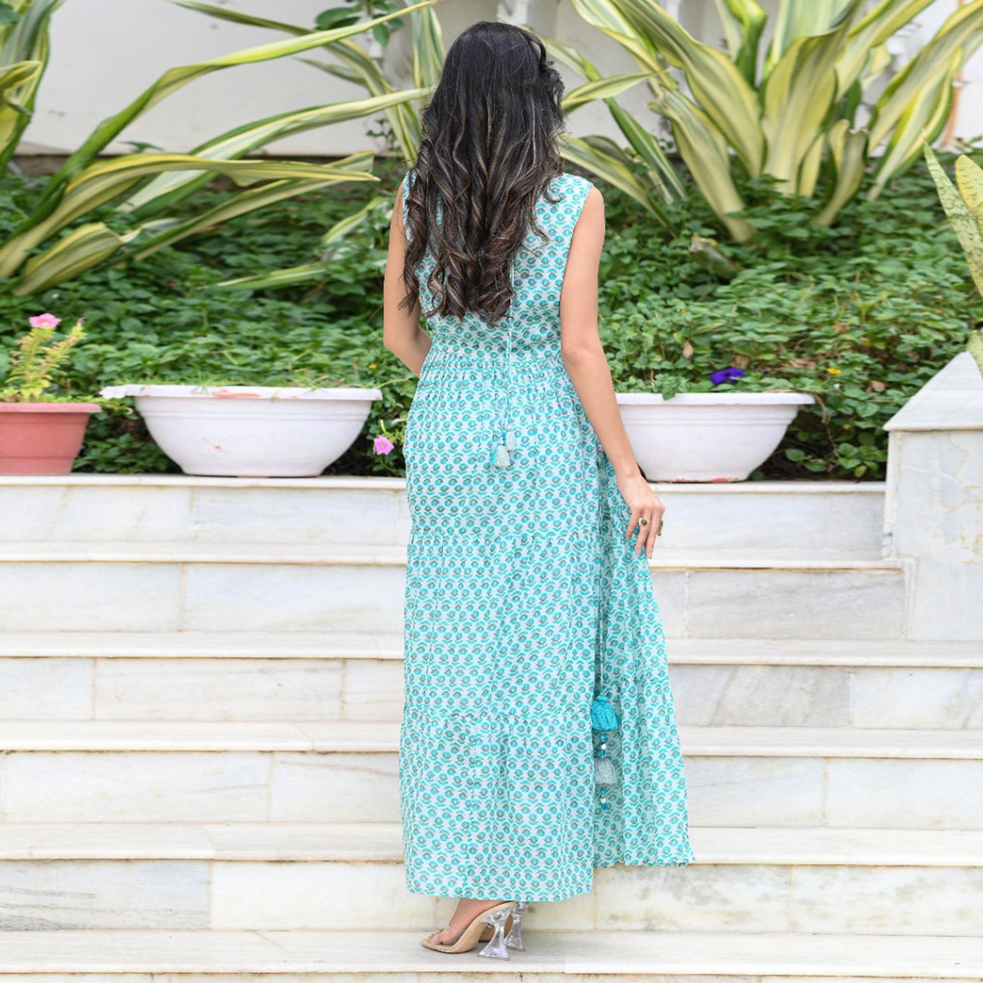 Blue Partywear Printed With Embellished Cotton Dress - Peachmode