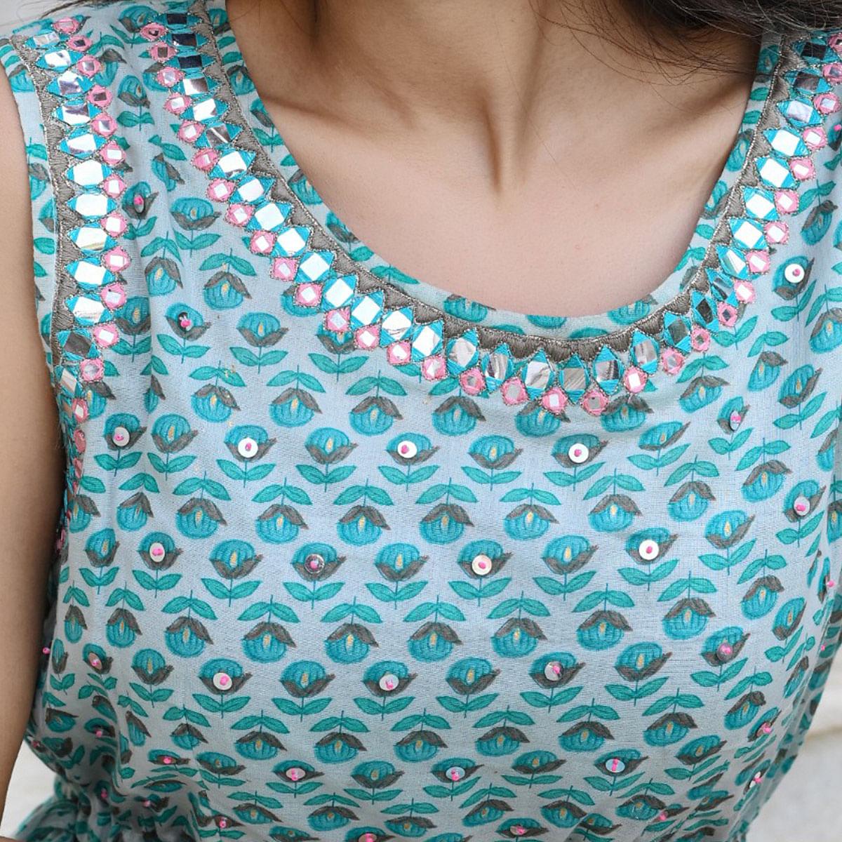 Blue Partywear Printed With Embellished Cotton Dress - Peachmode