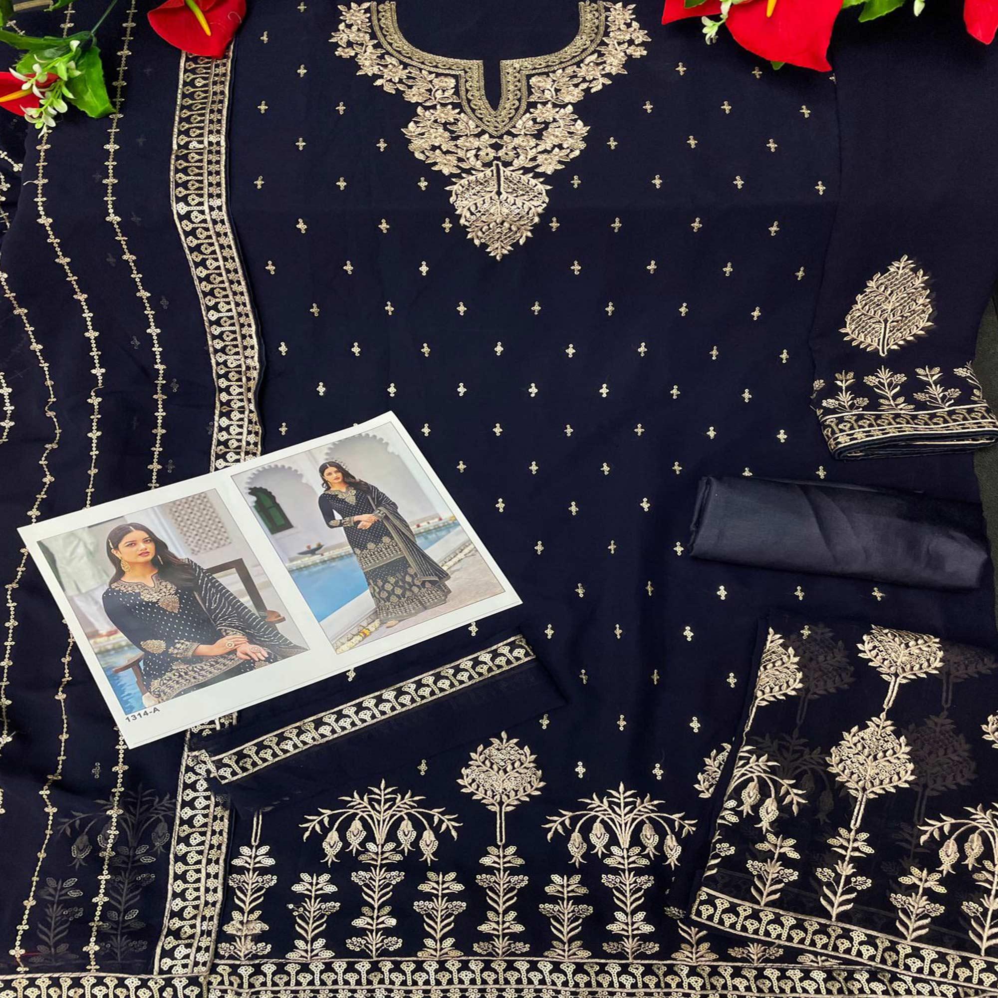 Blue Partywear Sequence & Embroidered Faux Georgette Salwar Suit - Peachmode