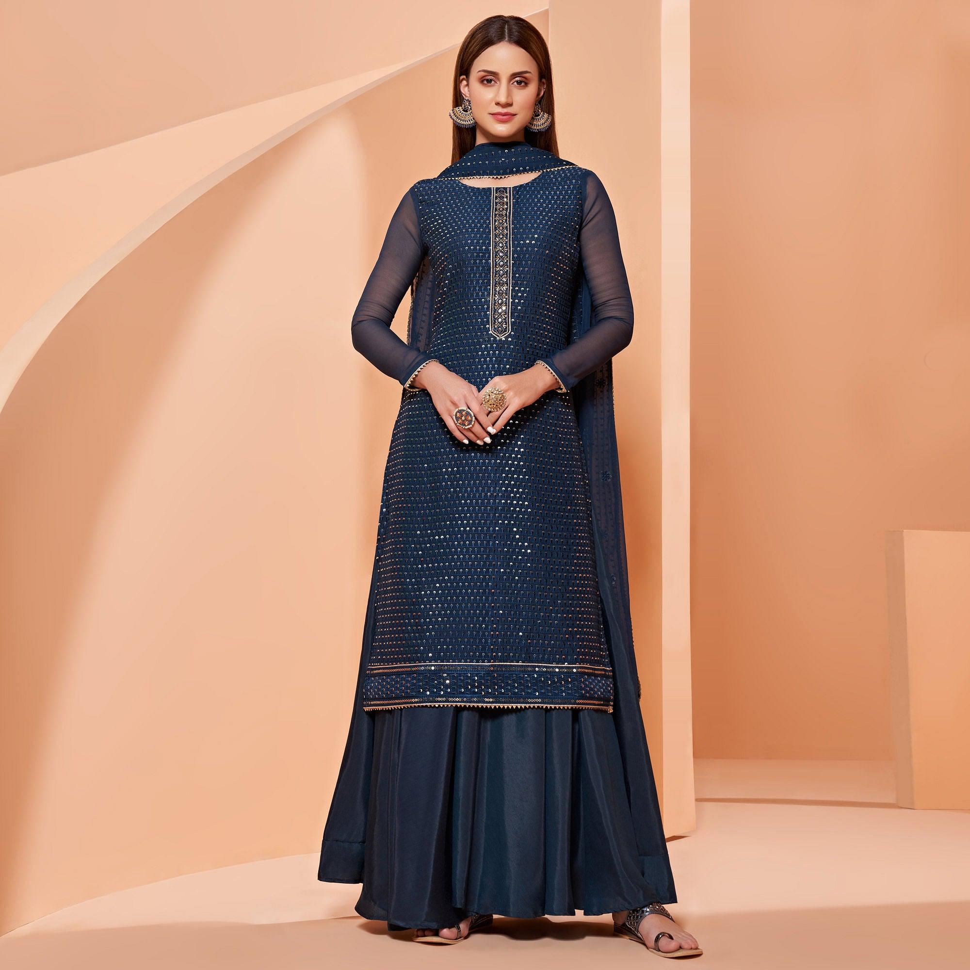 Blue Partywear Sequence & Thread Embroidered Pure Georgette Palazzo Suit - Peachmode