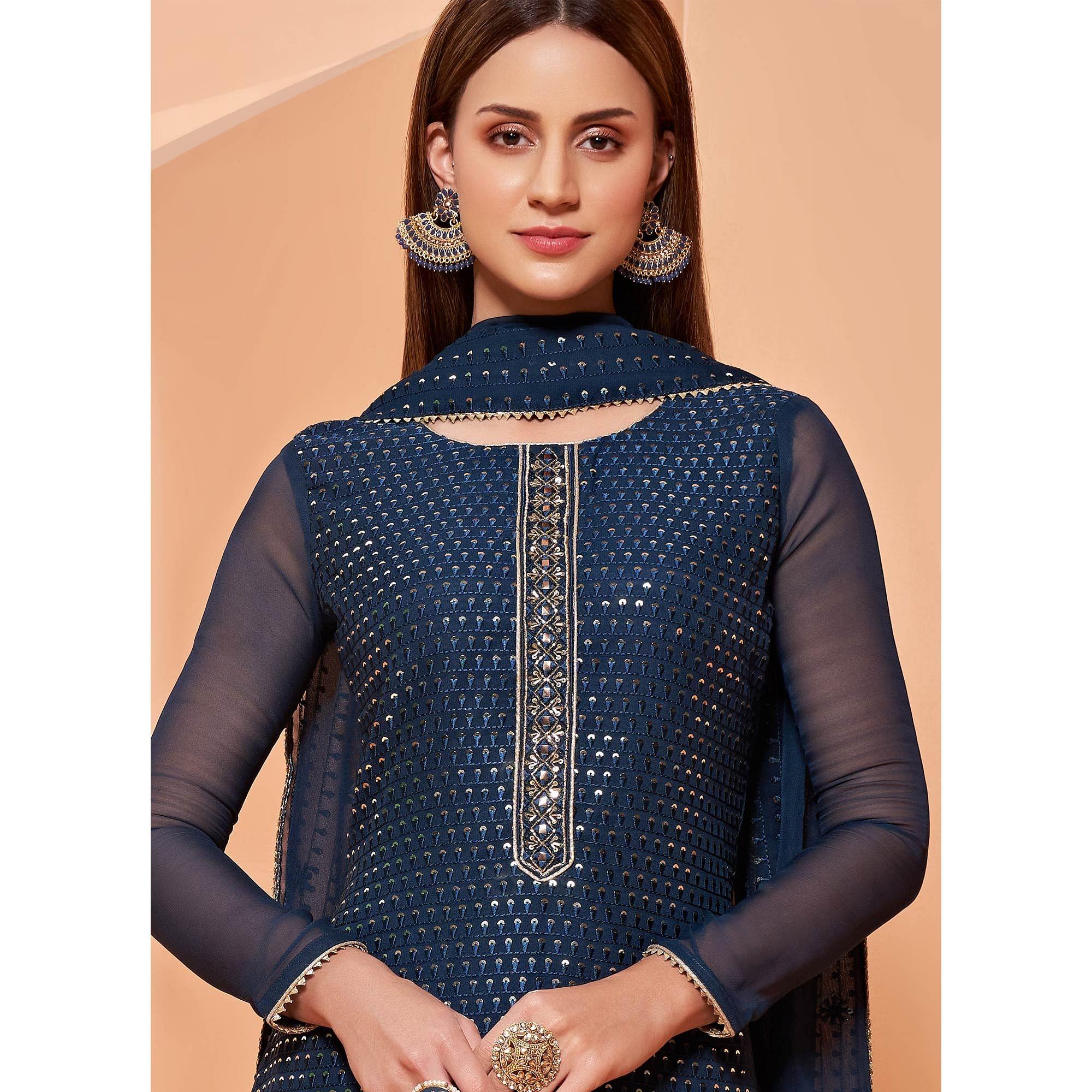 Blue Partywear Sequence & Thread Embroidered Pure Georgette Palazzo Suit - Peachmode