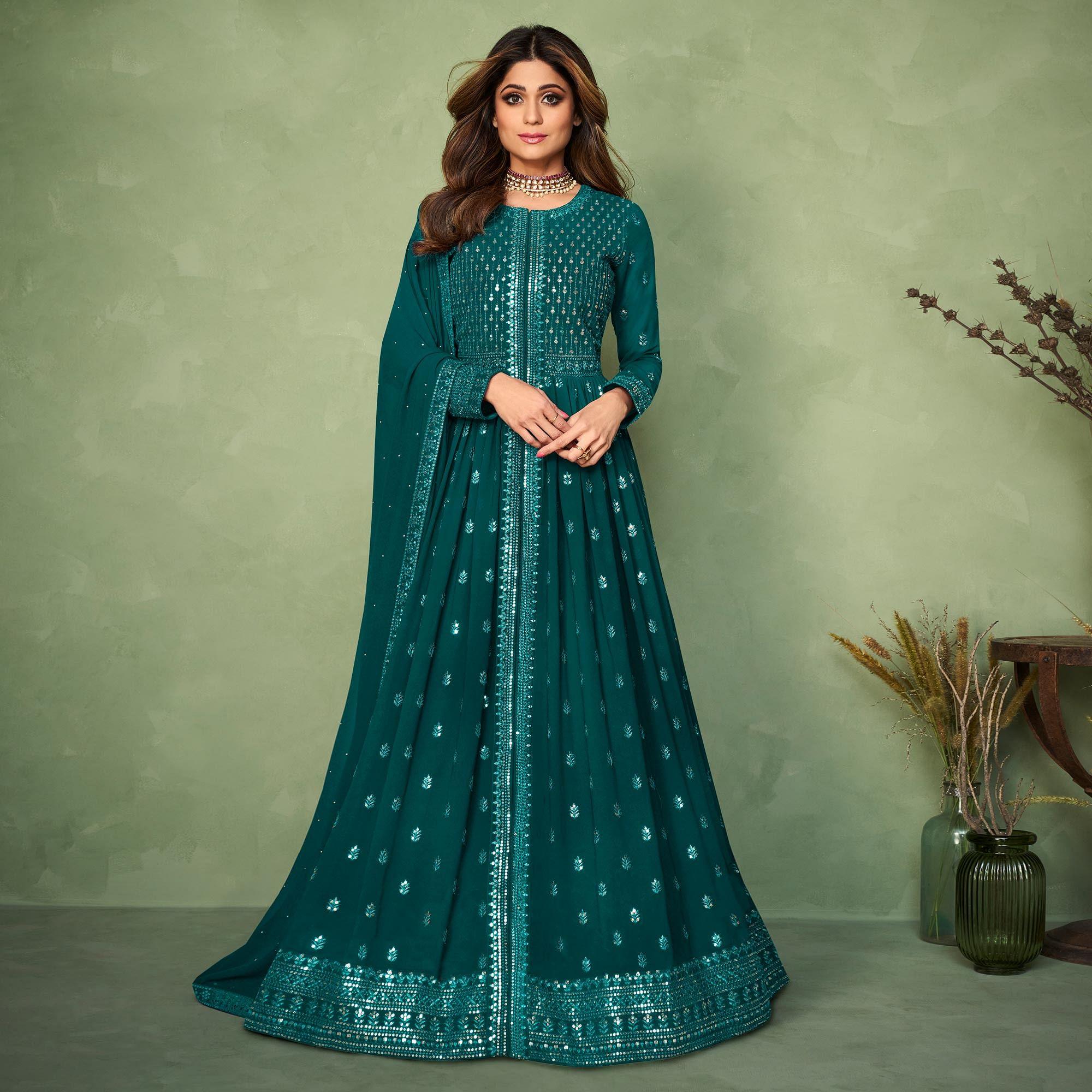 Blue Partywear Sequence Embroidered Georgette Gown - Peachmode