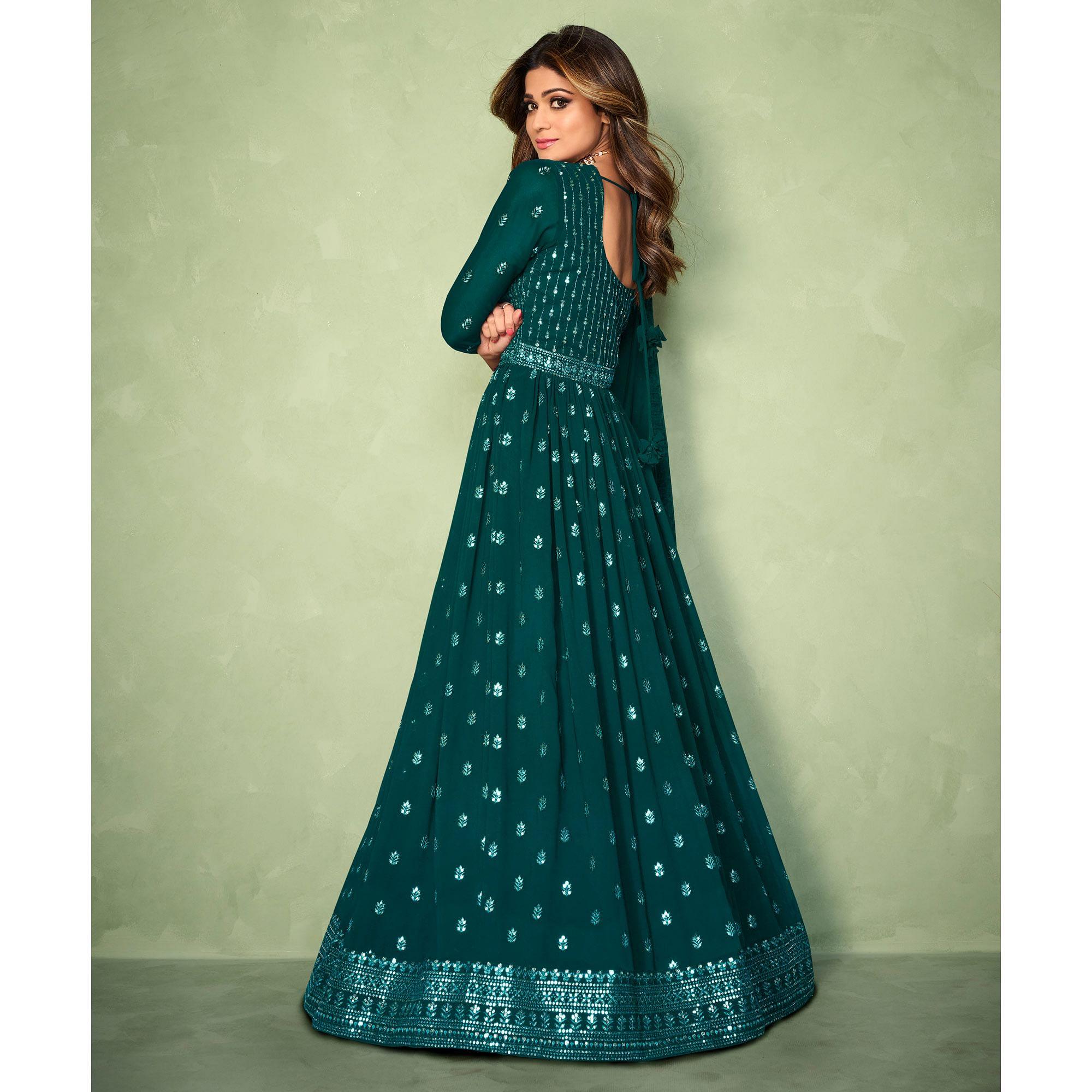 Blue Partywear Sequence Embroidered Georgette Gown - Peachmode