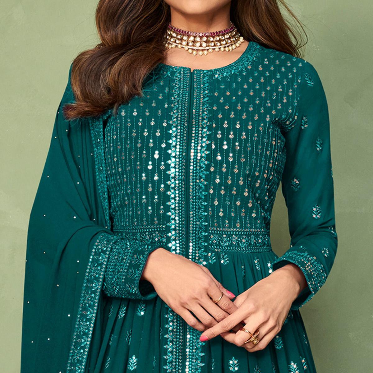 Blue Partywear Sequence Embroidered Georgette Gown - Peachmode