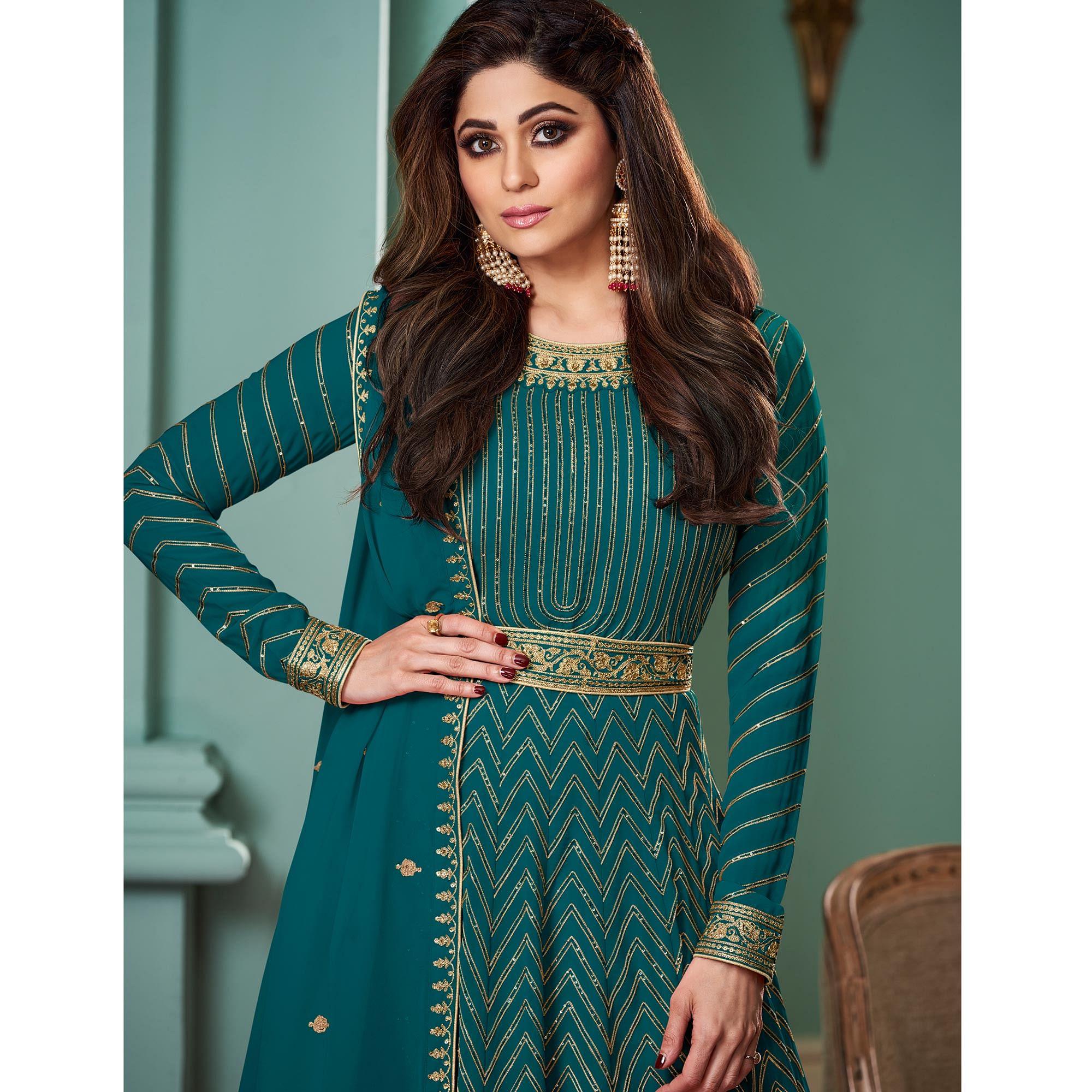 Blue Partywear Sequence Embroidered Georgette Gown - Peachmode
