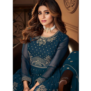 Blue Partywear Sequence Embroidered Georgette Sharara Suit - Peachmode
