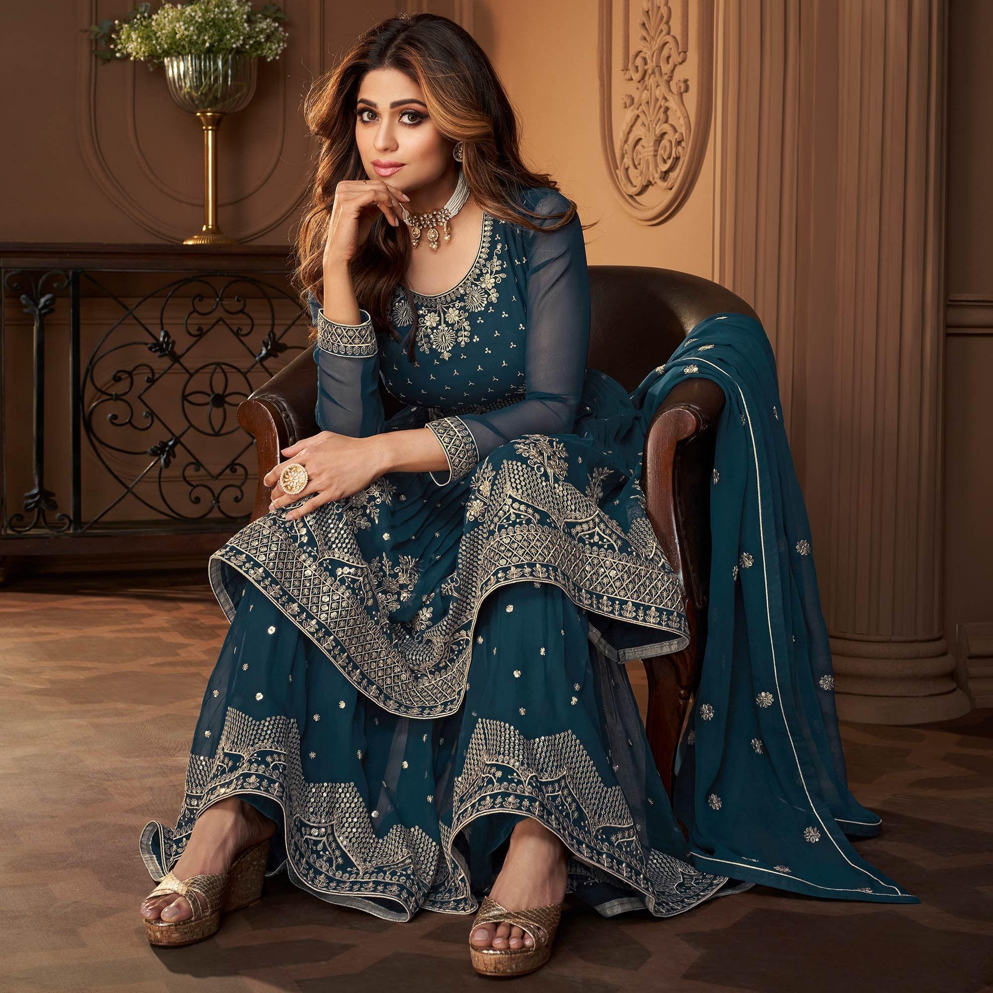 Blue Partywear Sequence Embroidered Georgette Sharara Suit - Peachmode