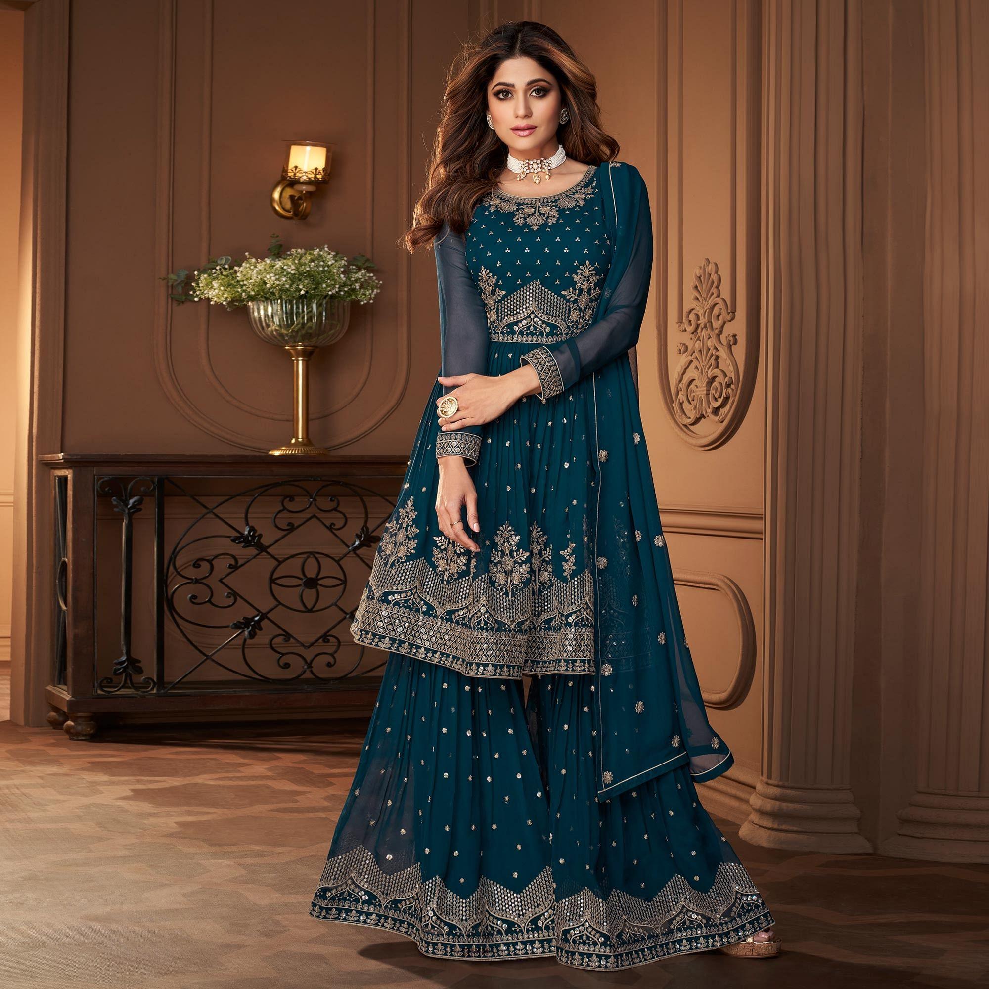 Blue Partywear Sequence Embroidered Georgette Sharara Suit - Peachmode