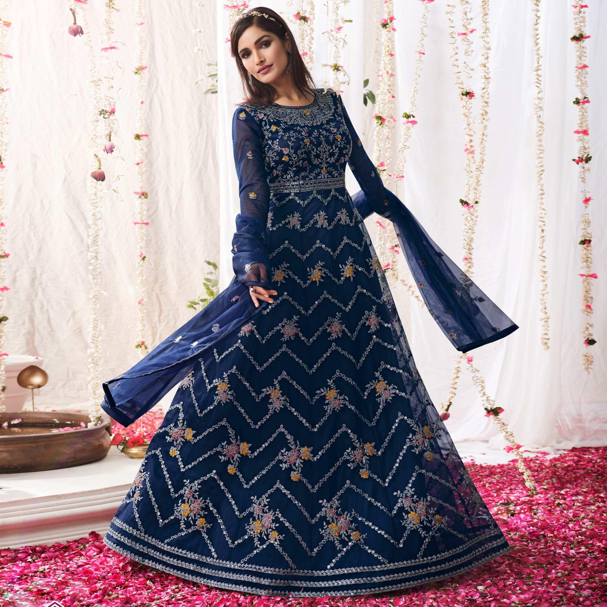 Blue Partywear Sequence Embroidered Net Gown - Peachmode