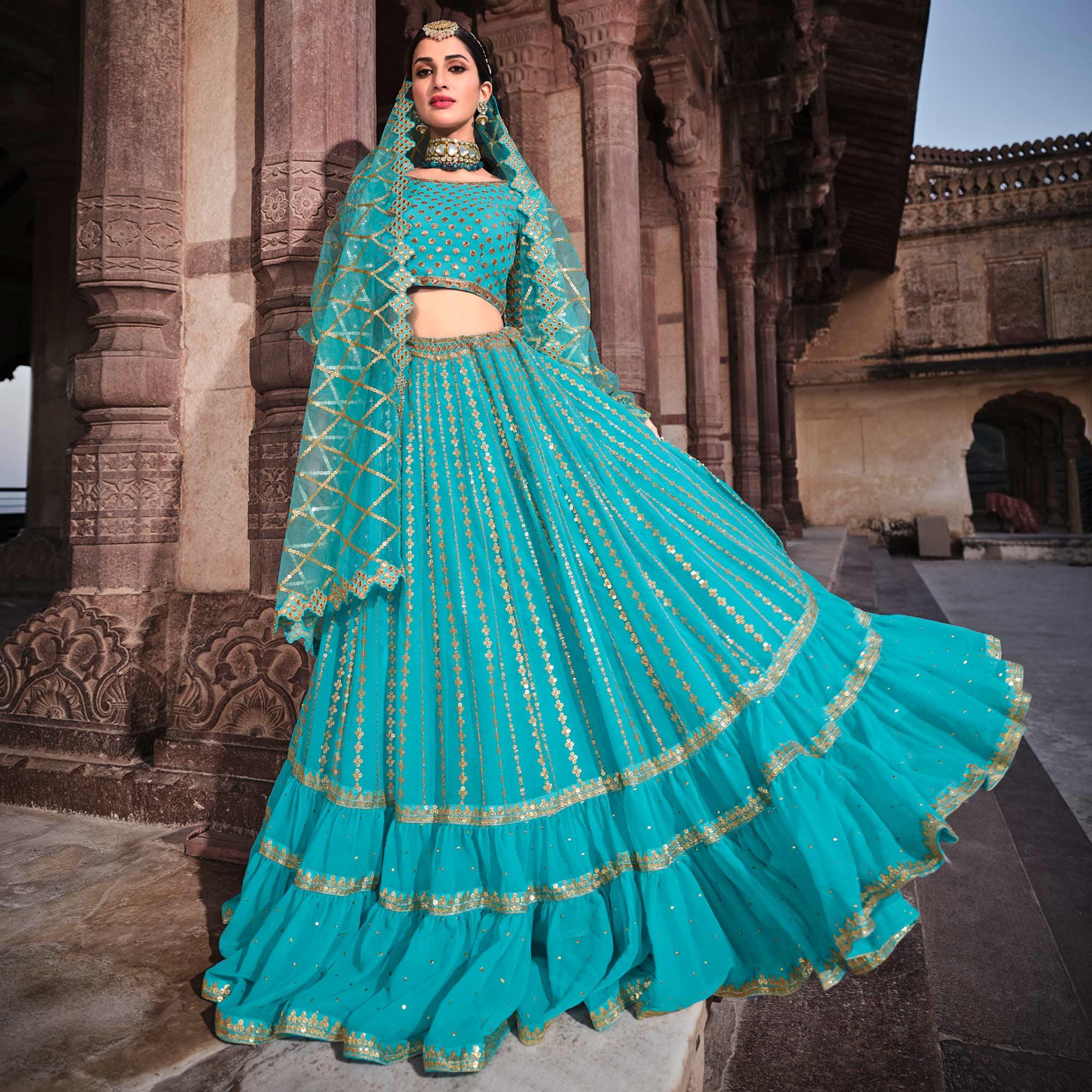 Blue Partywear Sequence With Zari Work Georgette Lehenga Choli - Peachmode