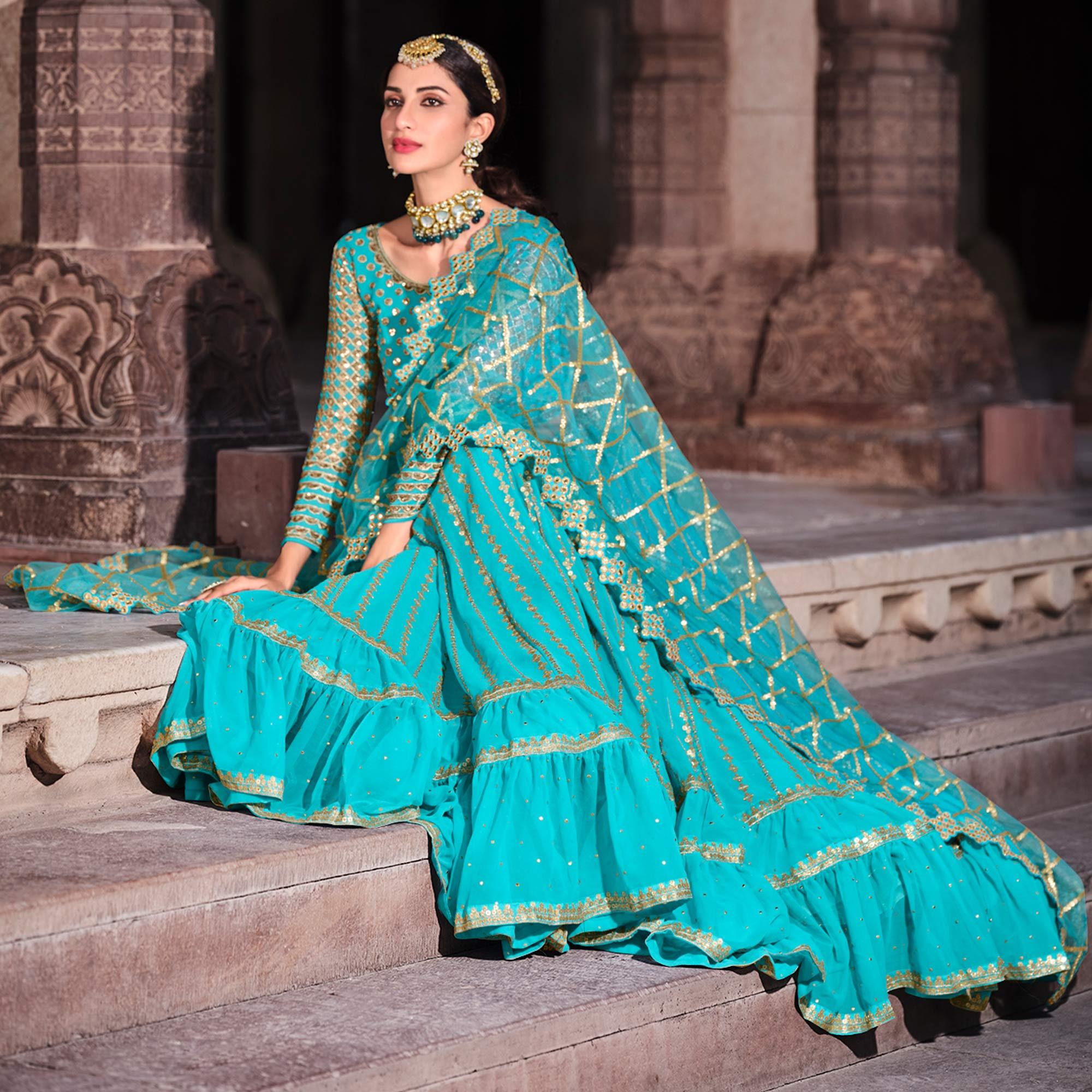 Blue Partywear Sequence With Zari Work Georgette Lehenga Choli - Peachmode