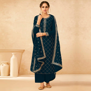 Blue Partywear Sequence Work Real Georgette Palazzo Suit - Peachmode