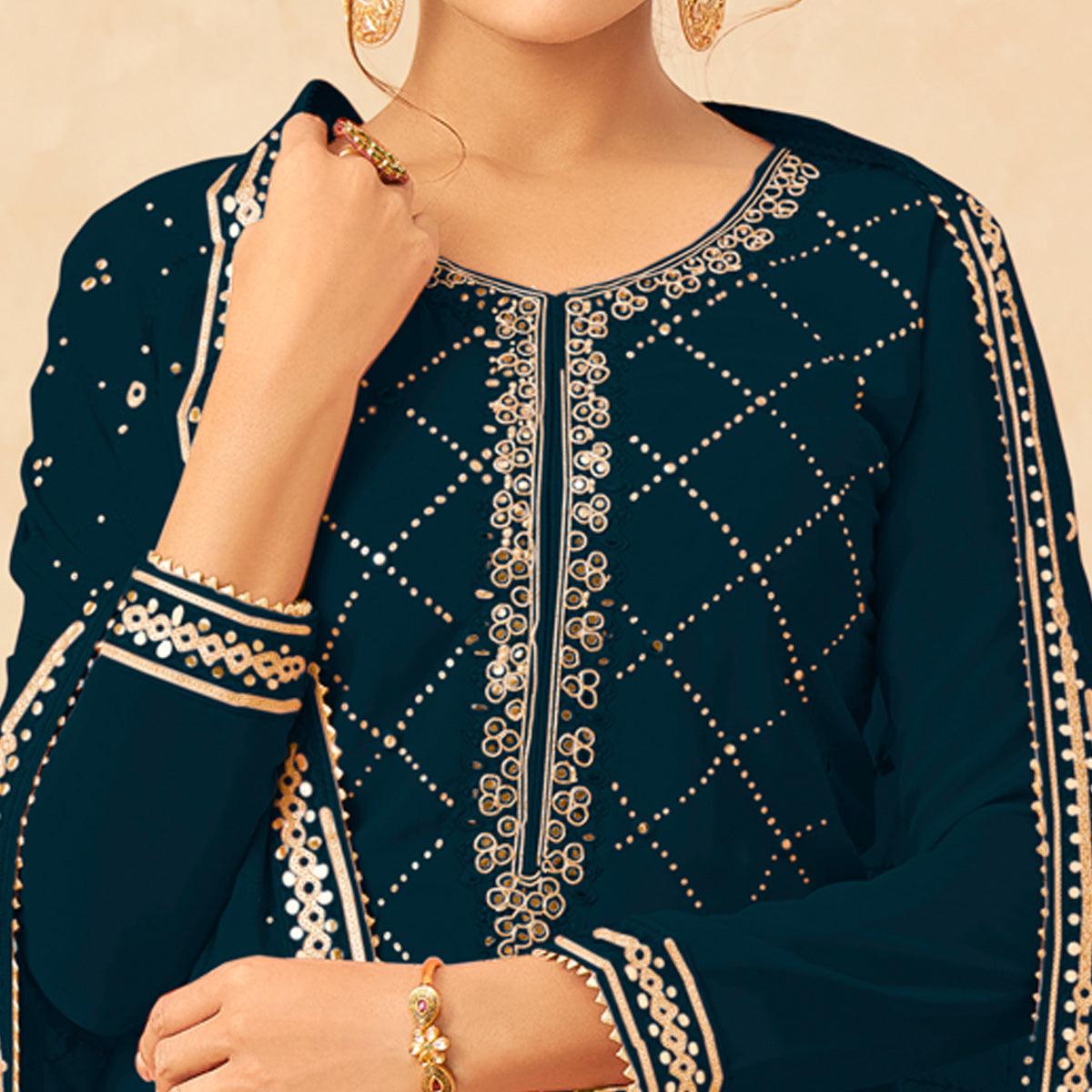 Blue Partywear Sequence Work Real Georgette Palazzo Suit - Peachmode