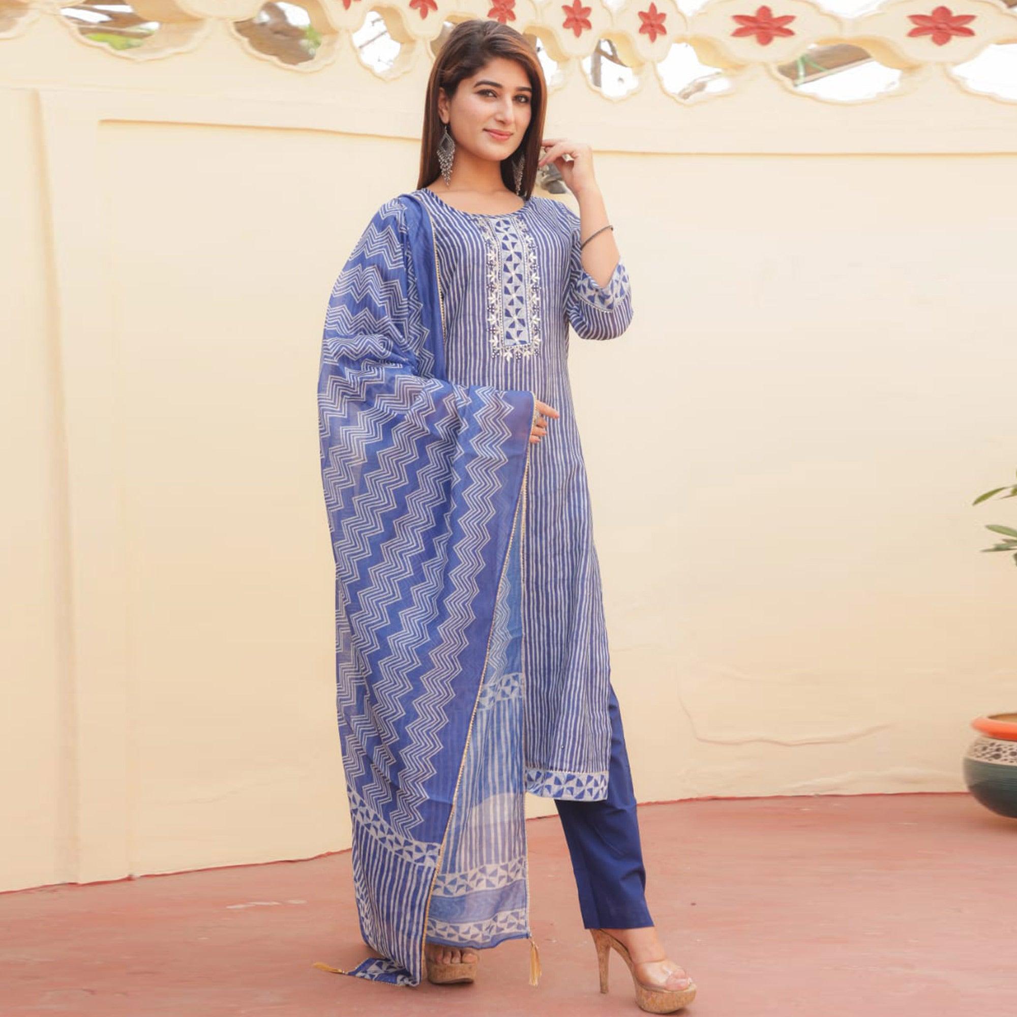 Blue Partywear Striped Print With Embellished Chanderi Kurti Pant Set With Dupatta - Peachmode