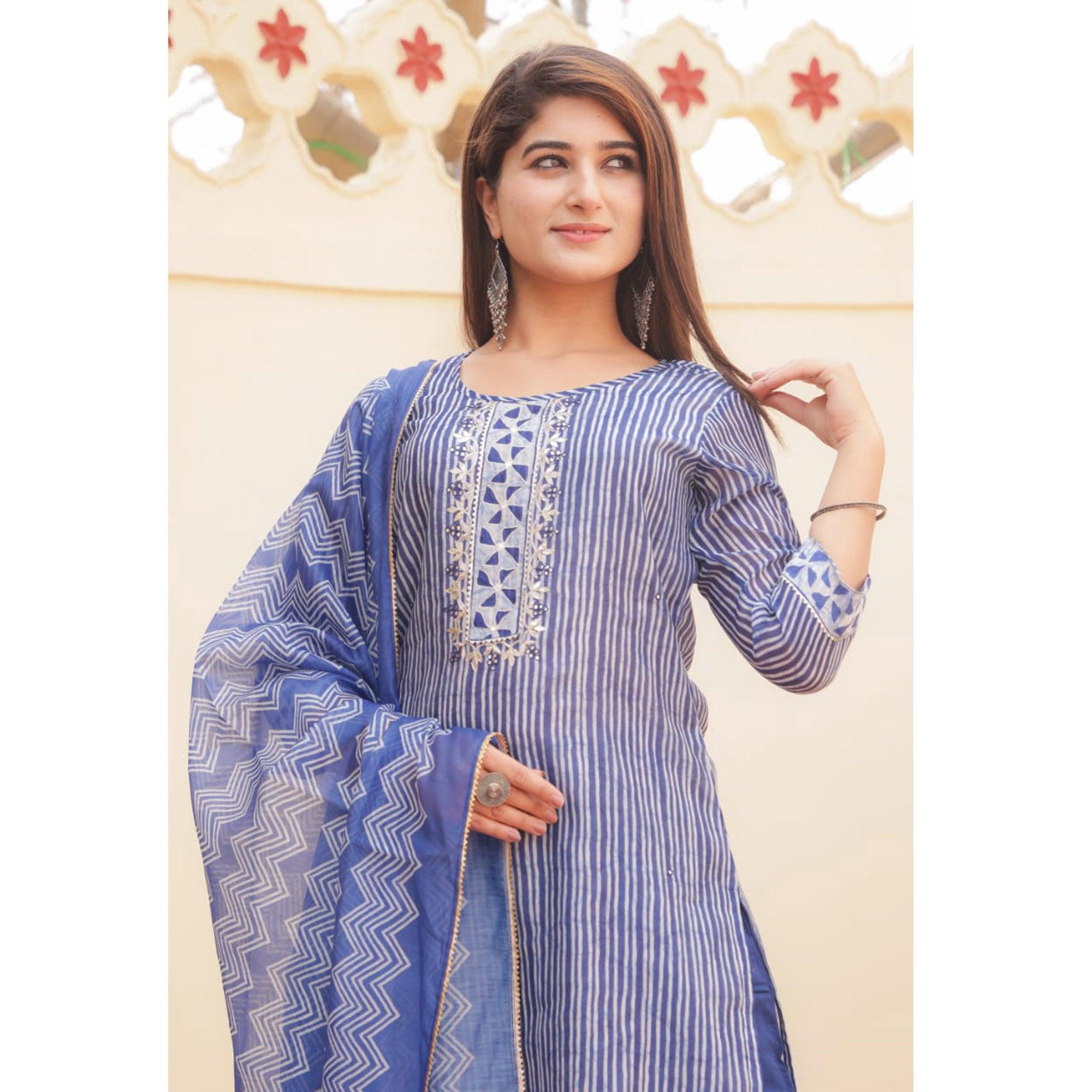 Blue Partywear Striped Print With Embellished Chanderi Kurti Pant Set With Dupatta - Peachmode