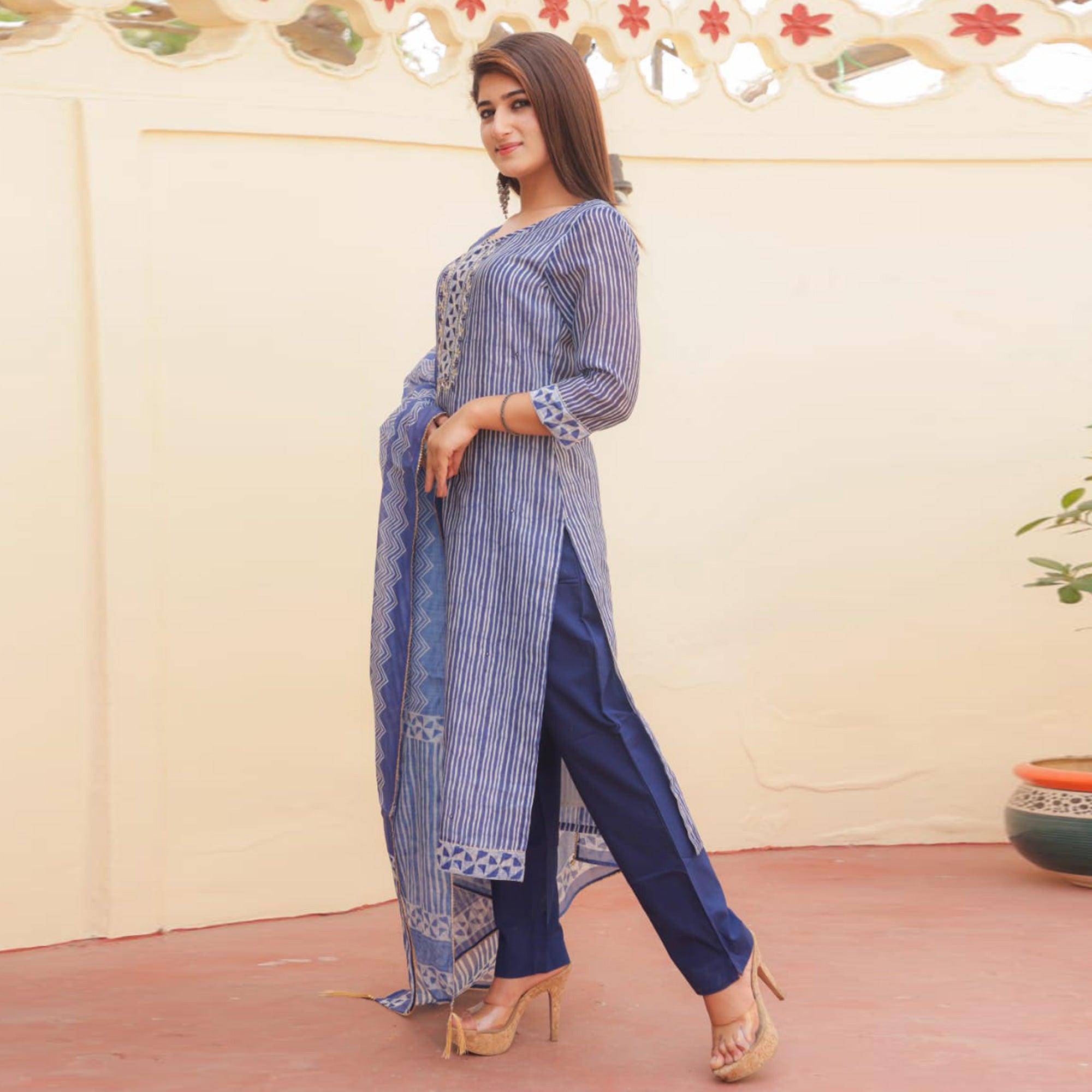 Blue Partywear Striped Print With Embellished Chanderi Kurti Pant Set With Dupatta - Peachmode