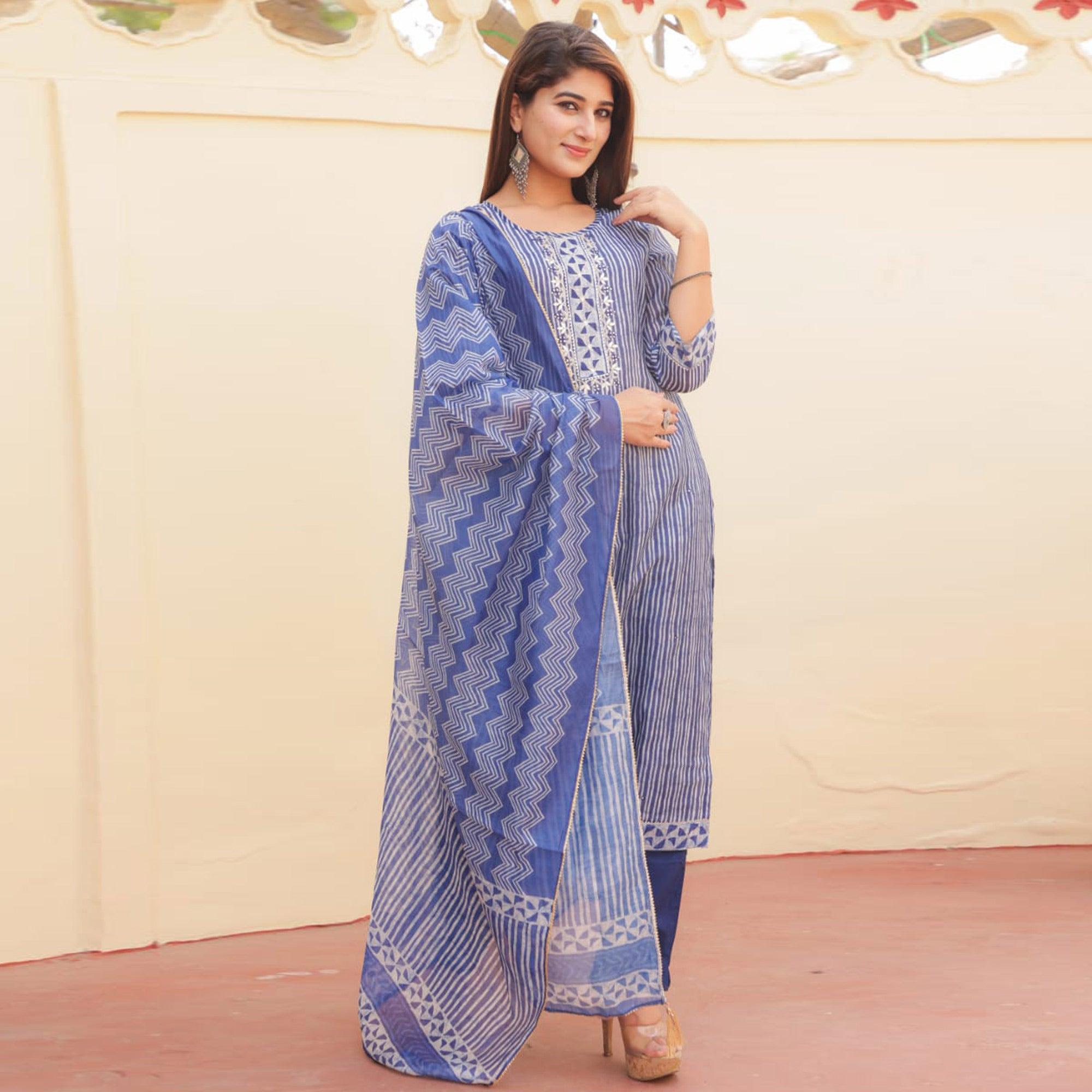 Blue Partywear Striped Print With Embellished Chanderi Kurti Pant Set With Dupatta - Peachmode