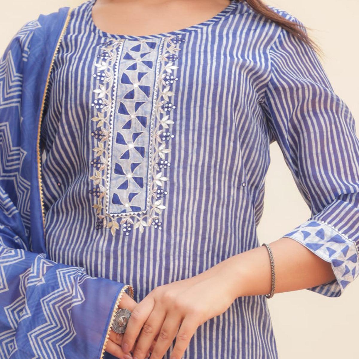 Blue Partywear Striped Print With Embellished Chanderi Kurti Pant Set With Dupatta - Peachmode