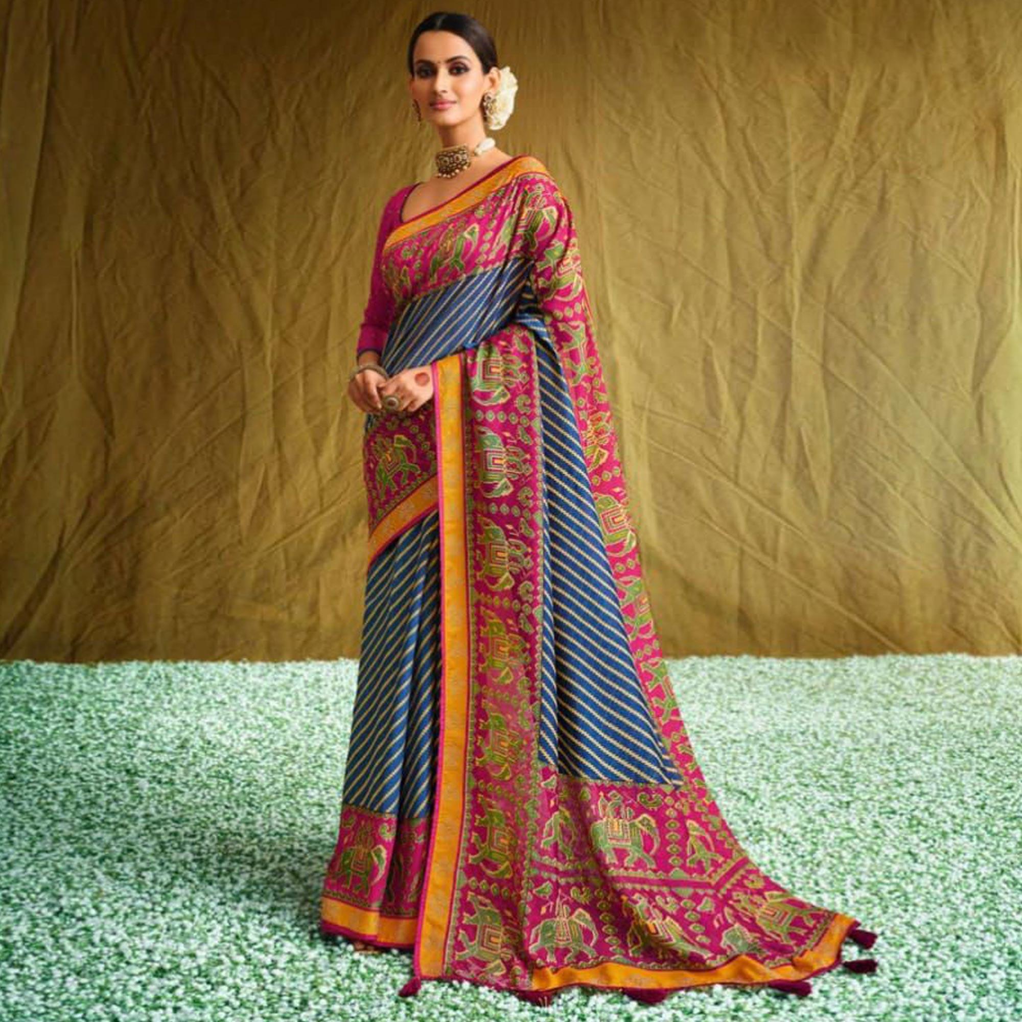 Blue Partywear Weaving Resham Work Brasso Saree - Peachmode