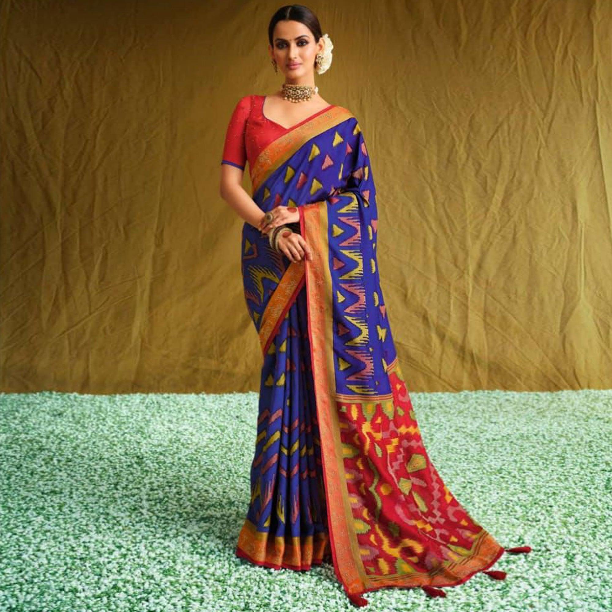 Blue Partywear Weaving Resham Work Brasso Saree - Peachmode