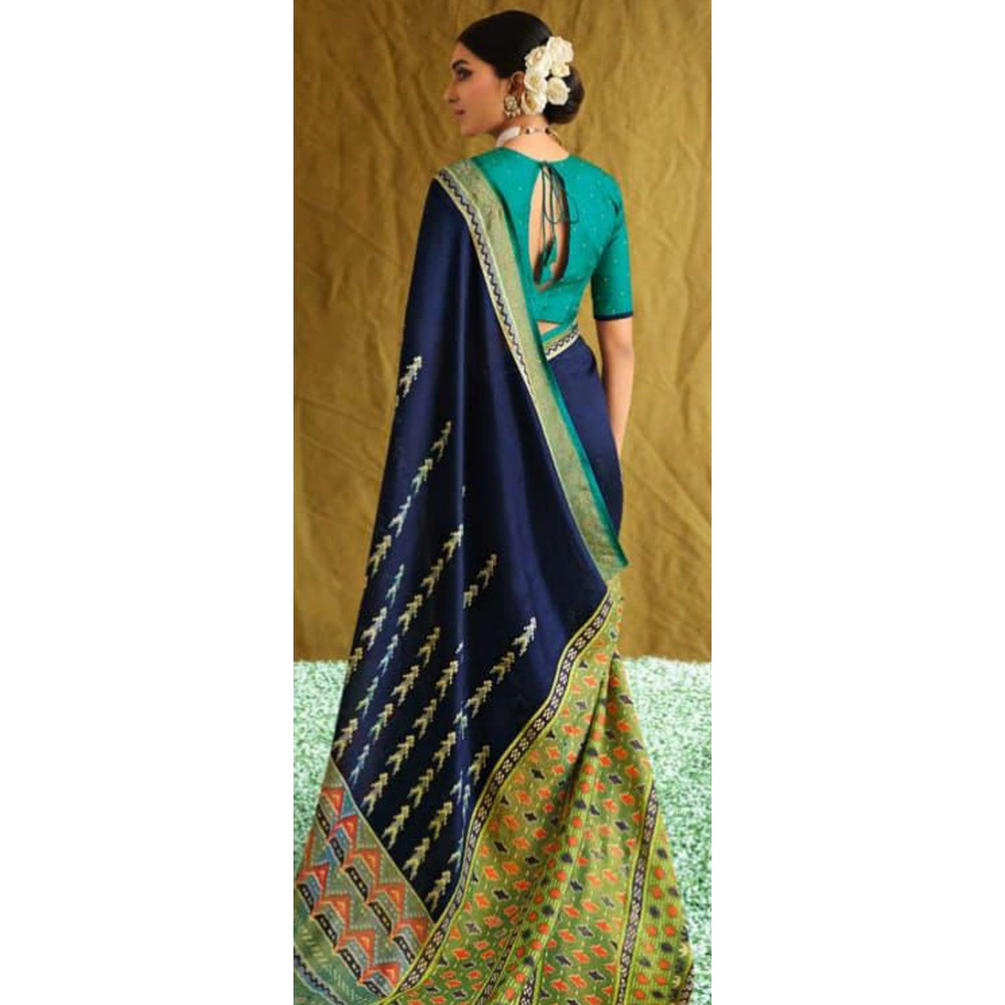 Blue Partywear Weaving Resham Work Brasso Saree - Peachmode