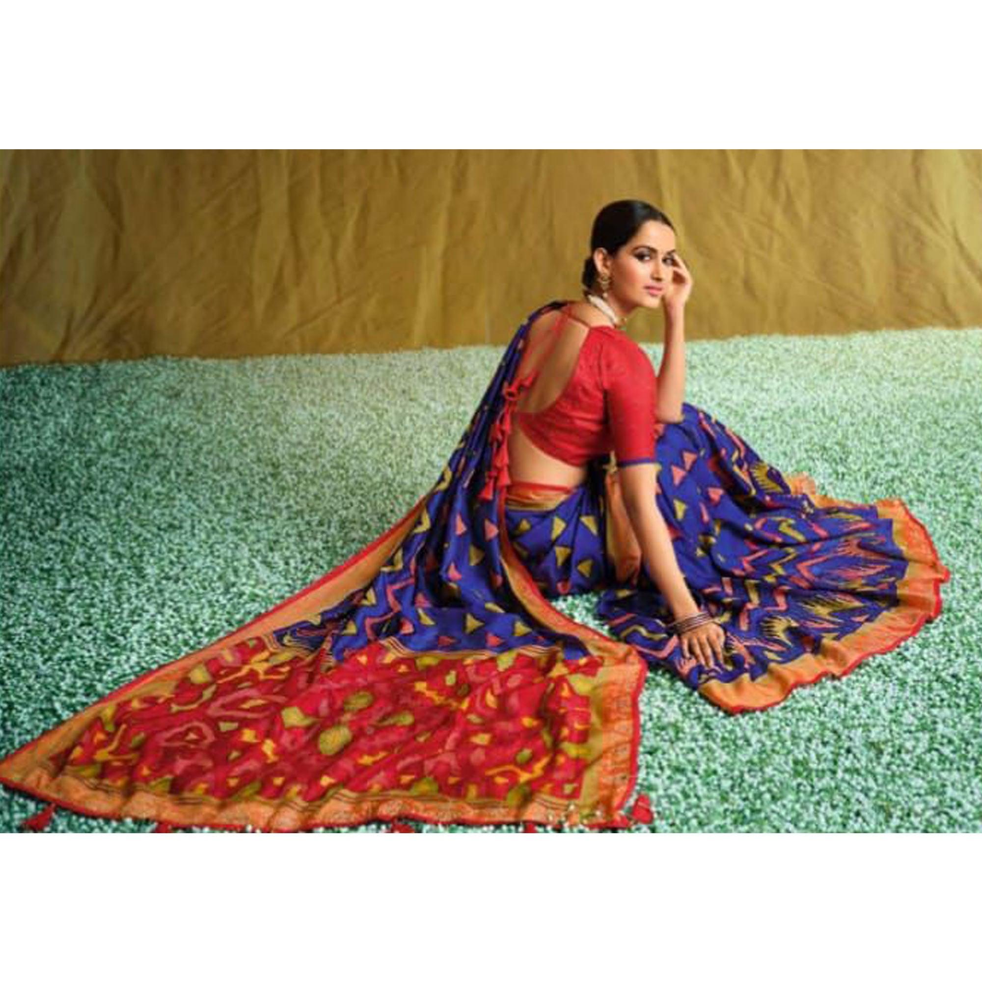 Blue Partywear Weaving Resham Work Brasso Saree - Peachmode