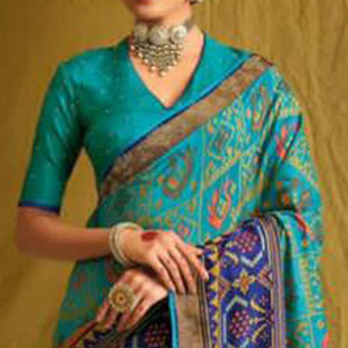 Blue Partywear Weaving Resham Work Brasso Saree - Peachmode
