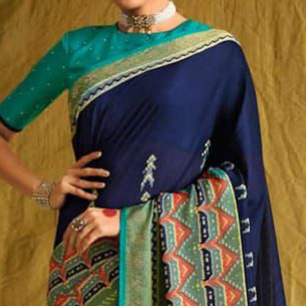 Blue Partywear Weaving Resham Work Brasso Saree - Peachmode