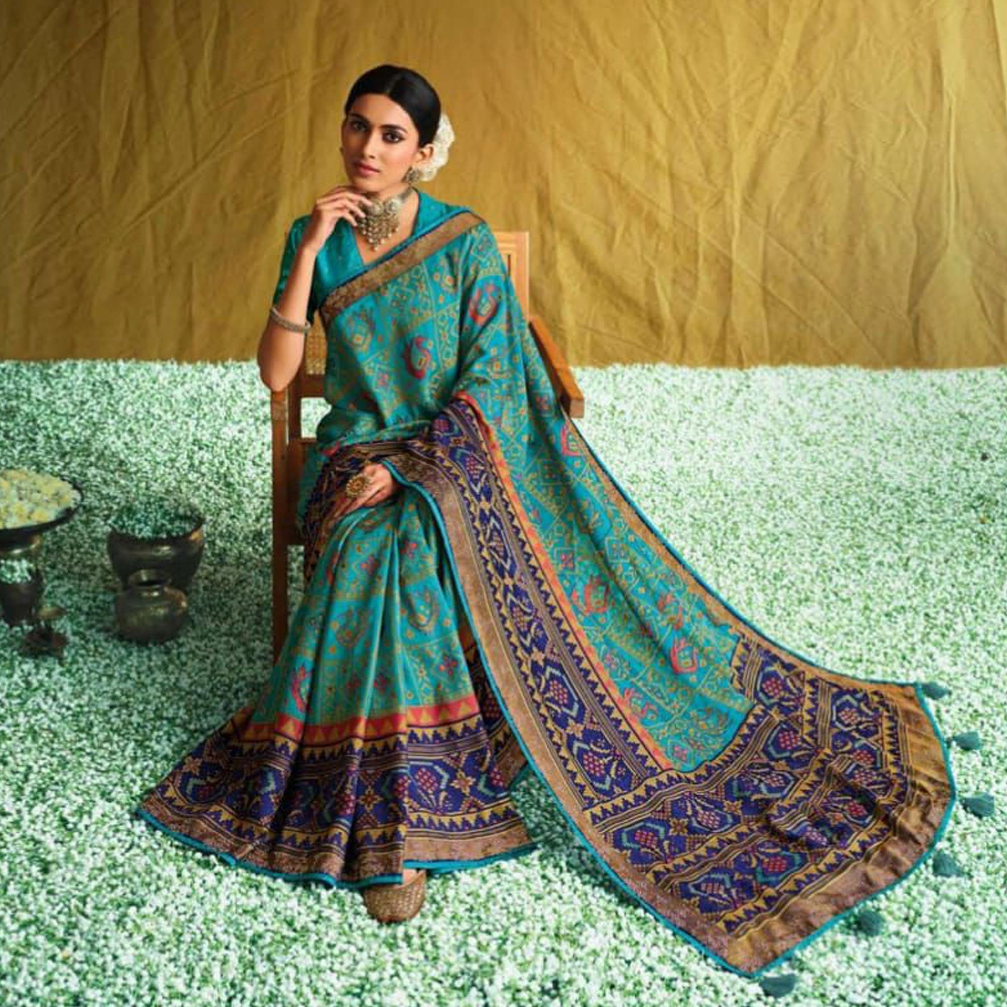 Blue Partywear Weaving Resham Work Brasso Saree - Peachmode