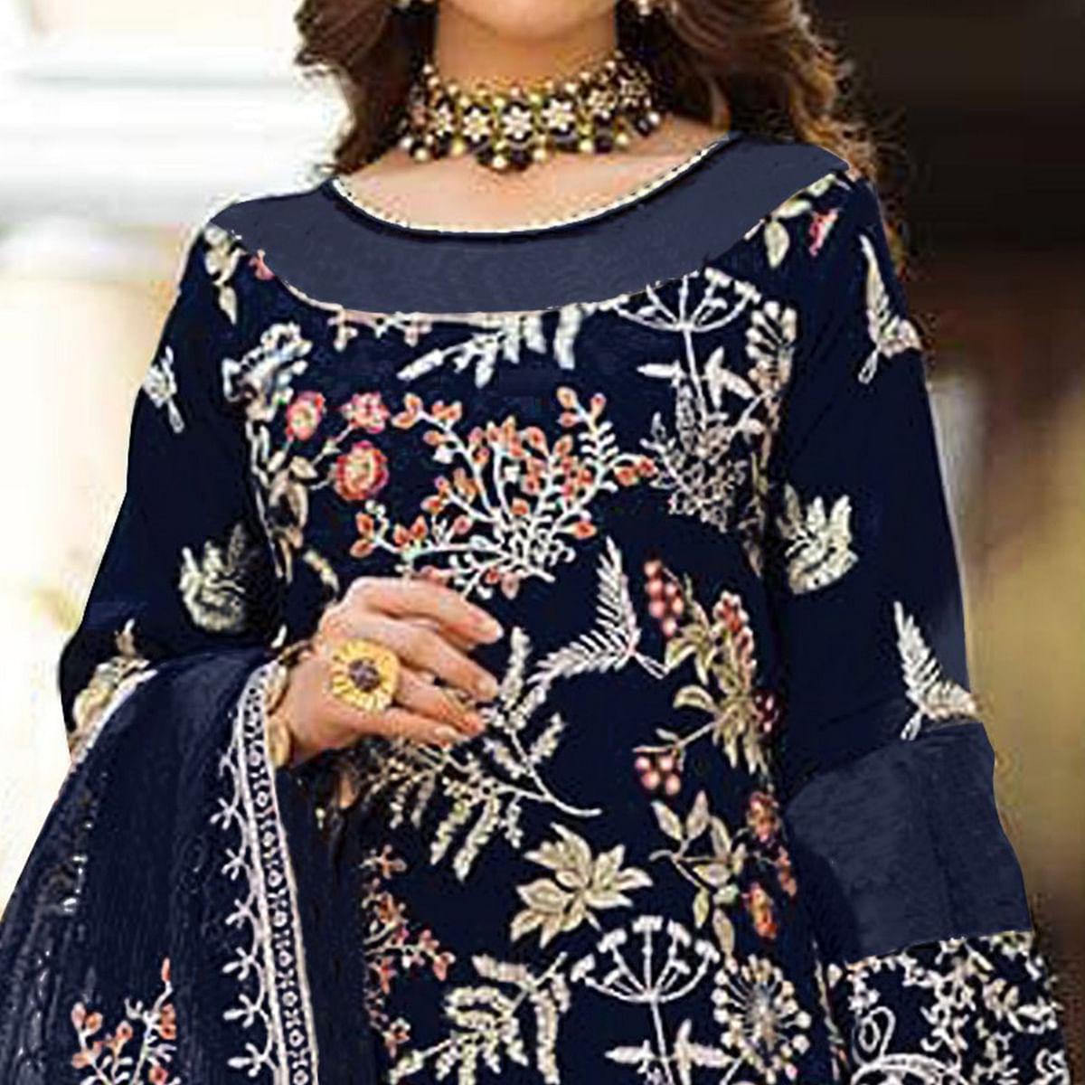 Blue Partywear Women's Floral Embroidered Georgette Semi-Stitched Pakistani Suit - Peachmode