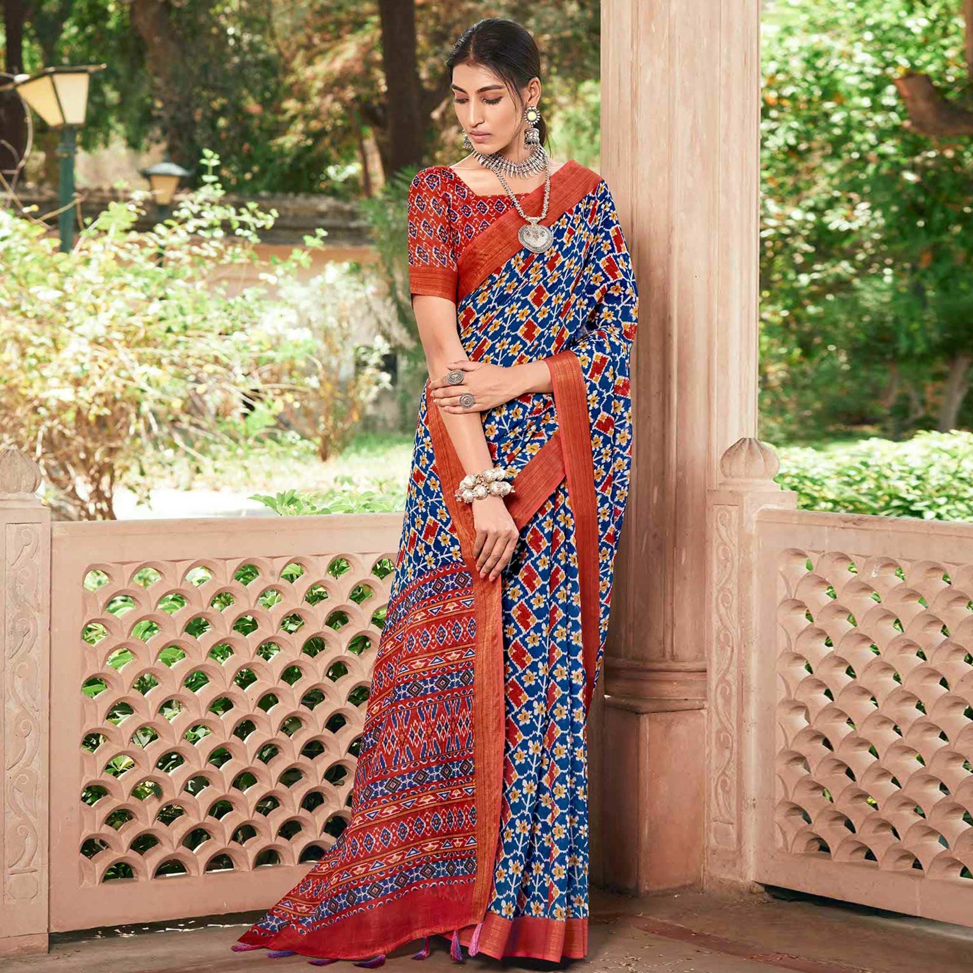 Blue Patola Printed Cotton Silk Saree With Tassels - Peachmode