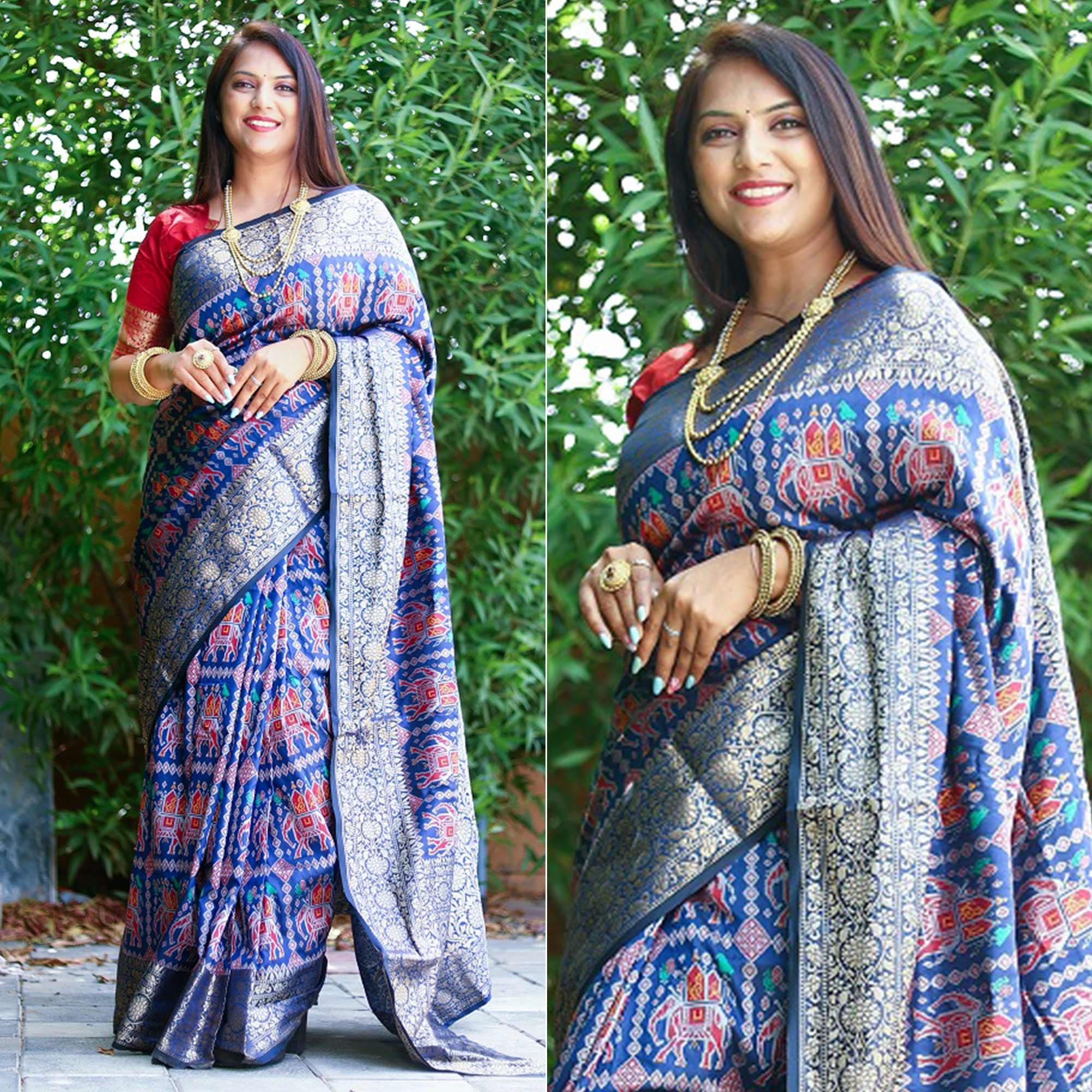 Blue Patola Printed Silk Saree - Peachmode