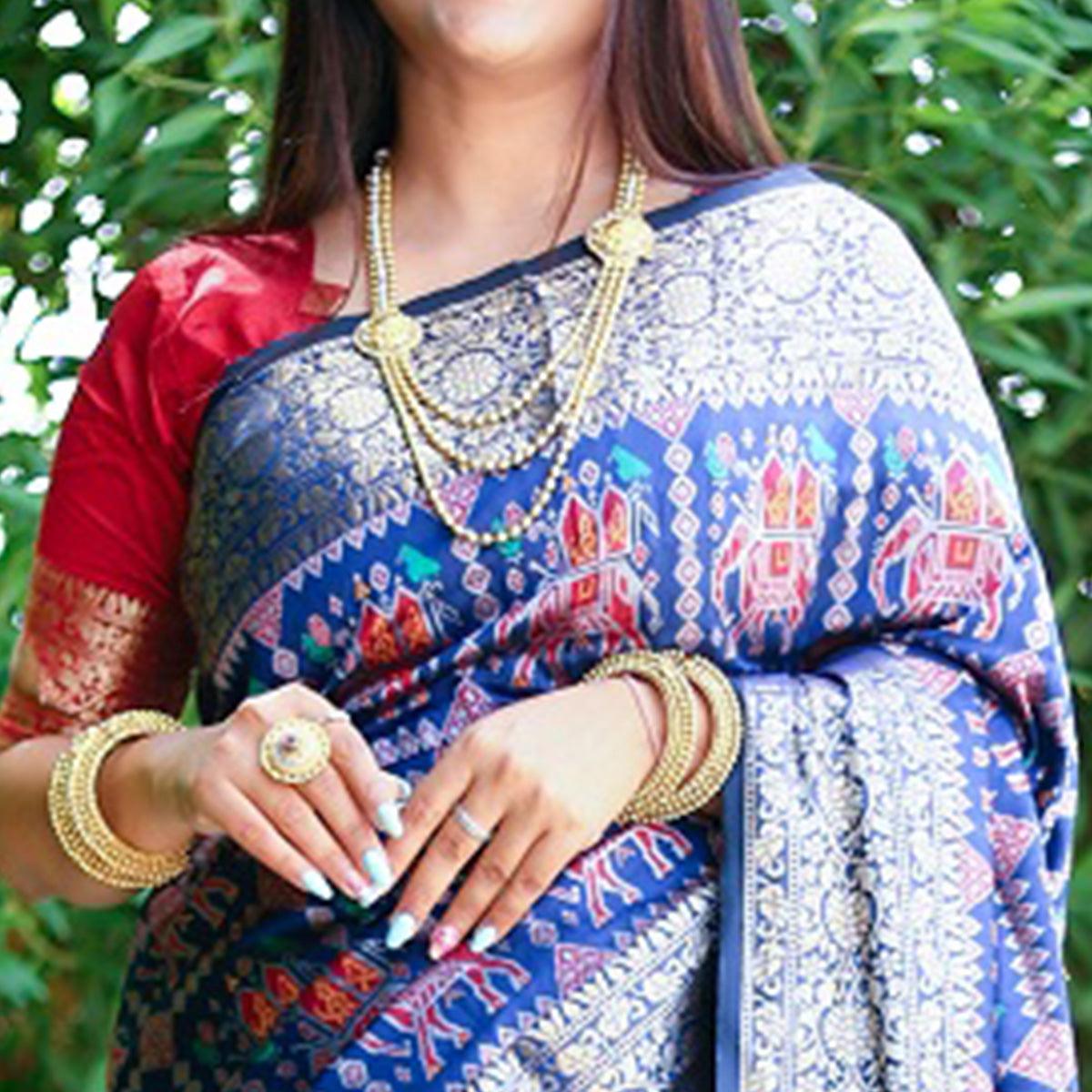 Blue Patola Printed Silk Saree - Peachmode