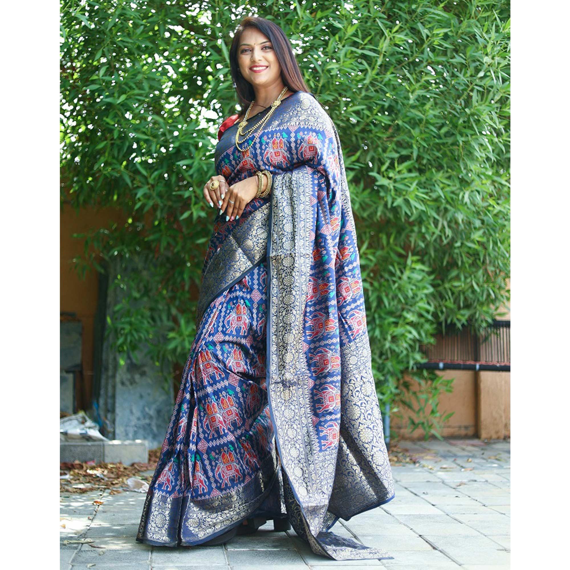 Blue Patola Printed Silk Saree - Peachmode