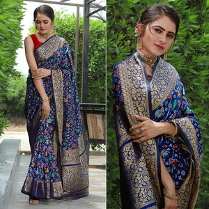 Blue Patola Printed With Woven Border Banarasi Silk Saree - Peachmode